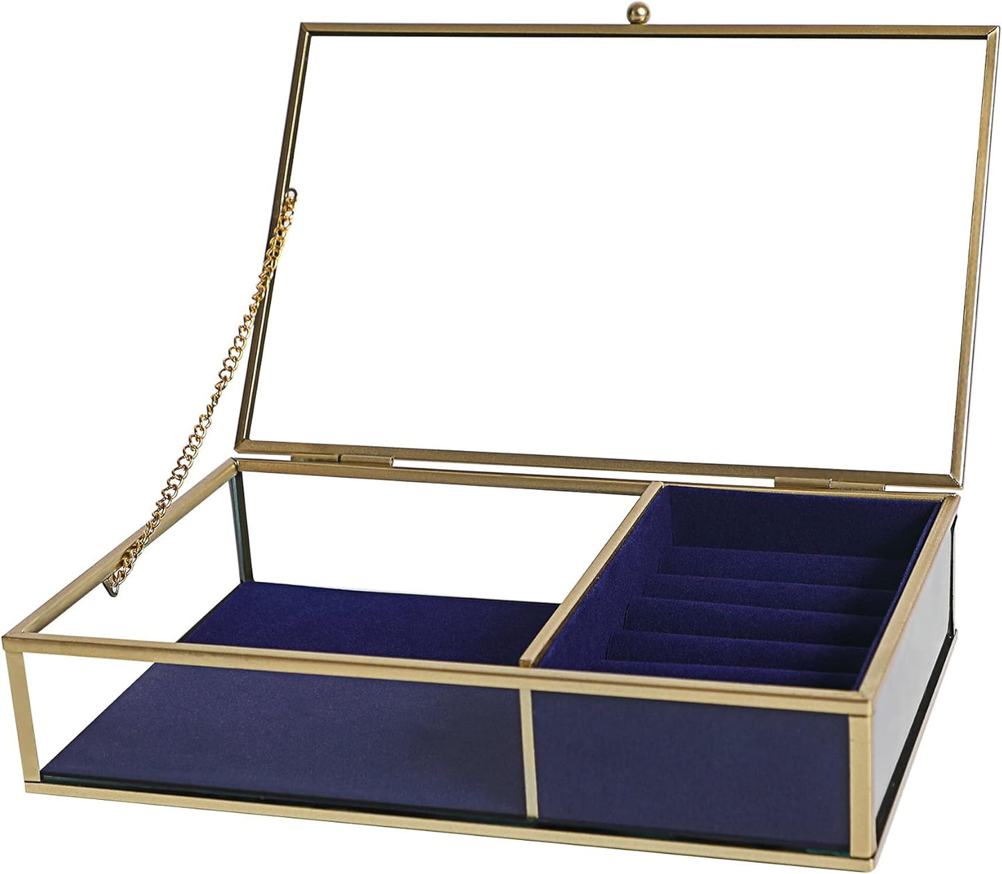Elegant Glass Jewelry Box with Gold Metal Frame, Velvet Tray, and Trinket Chest - Clear Keepsake Display Case