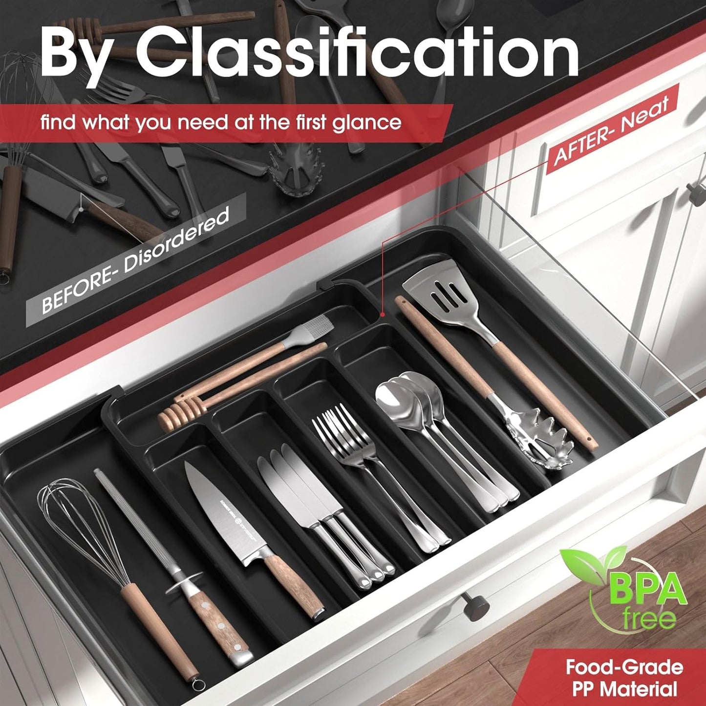 Expandable Cutlery Organizer - Adjustable Utensil Drawer Tray for Forks, Knives, and Silverware, Black, Small