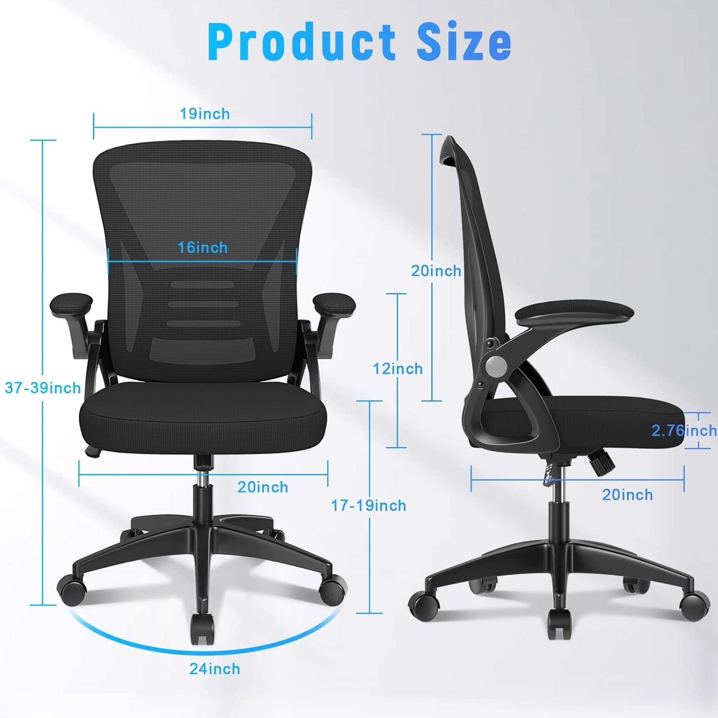 Ergonomic Mid Back Office Chair with Adjustable Height, Flip-Up Arms, and Lumbar Support - Breathable Mesh Design for Home Office and Study, Black