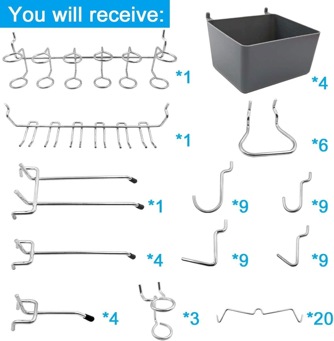 Assorted Pegboard Hooks and Bins Set with Peg Locks for Tool Organization, 80 Pieces