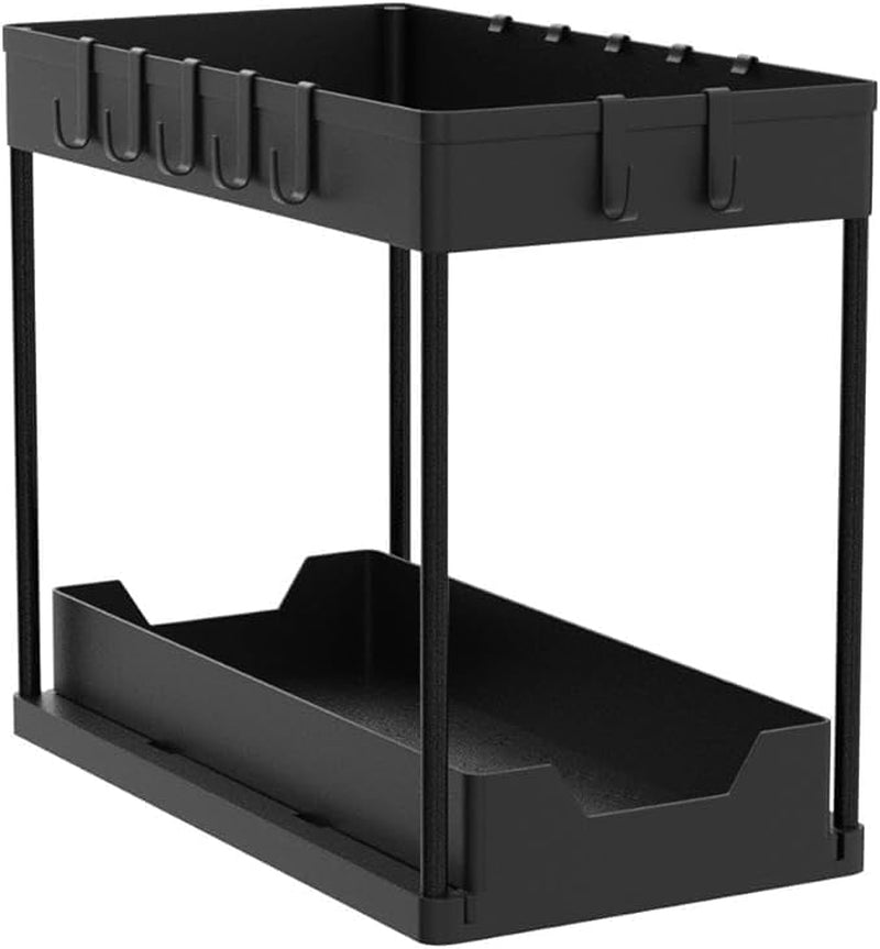 Under Sink Organizer and Storage Solution - 2-Tier Cabinet Shelf with 8 Hooks and Spice Rack for Kitchen and Bathroom