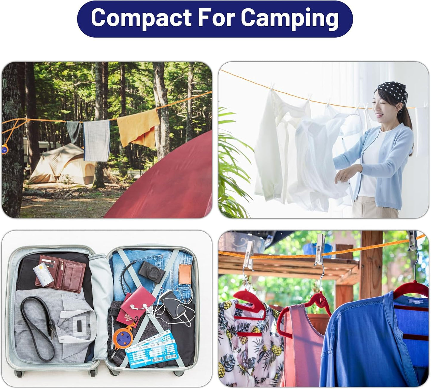 Portable Retractable Camping Clothesline with 12 Stoppers and Windproof Clothespins for Travel and Outdoor Use