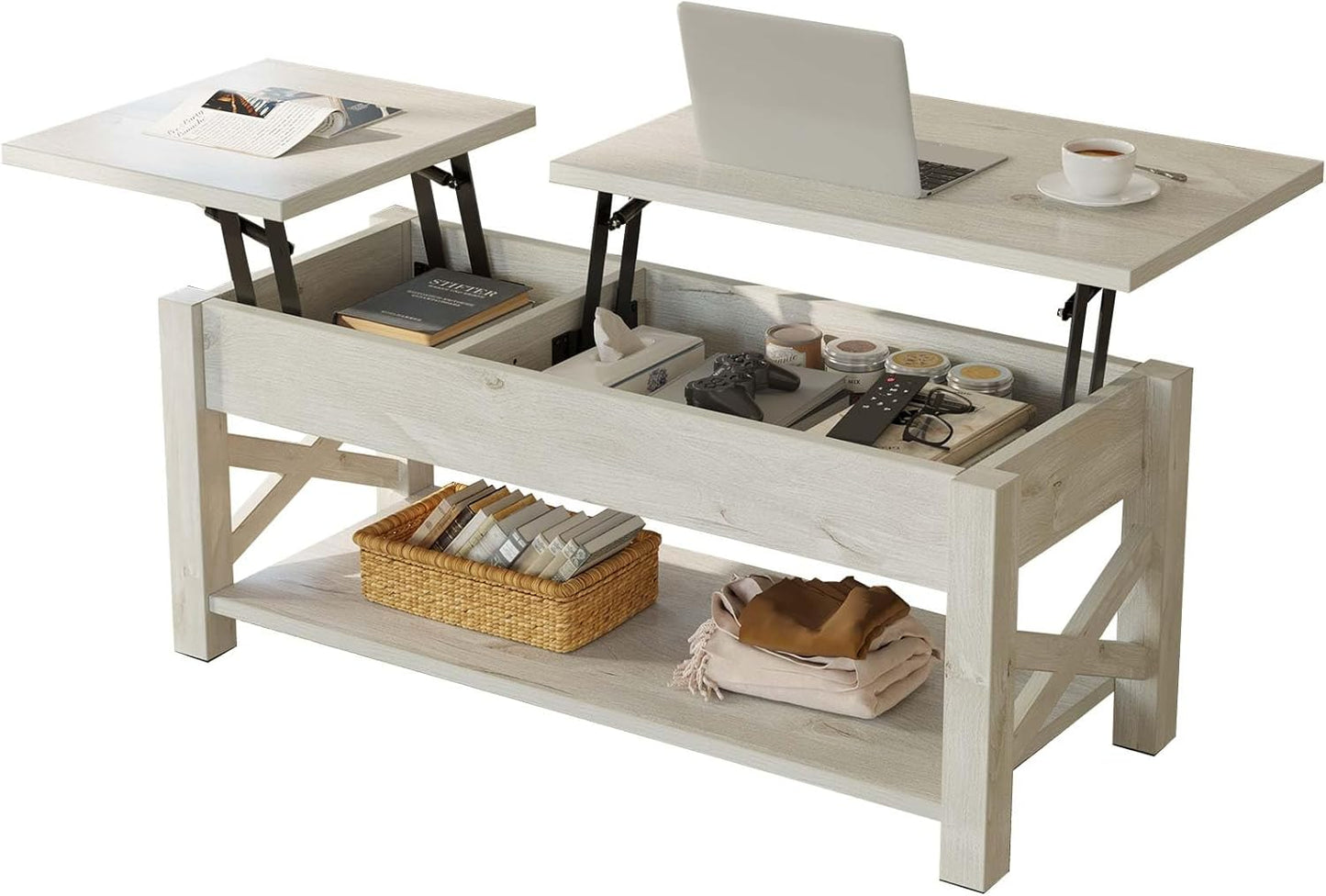 47.2" Lift Top Coffee Table with Hidden Compartment and Open Shelf, Rustic Brown Farmhouse Center Table