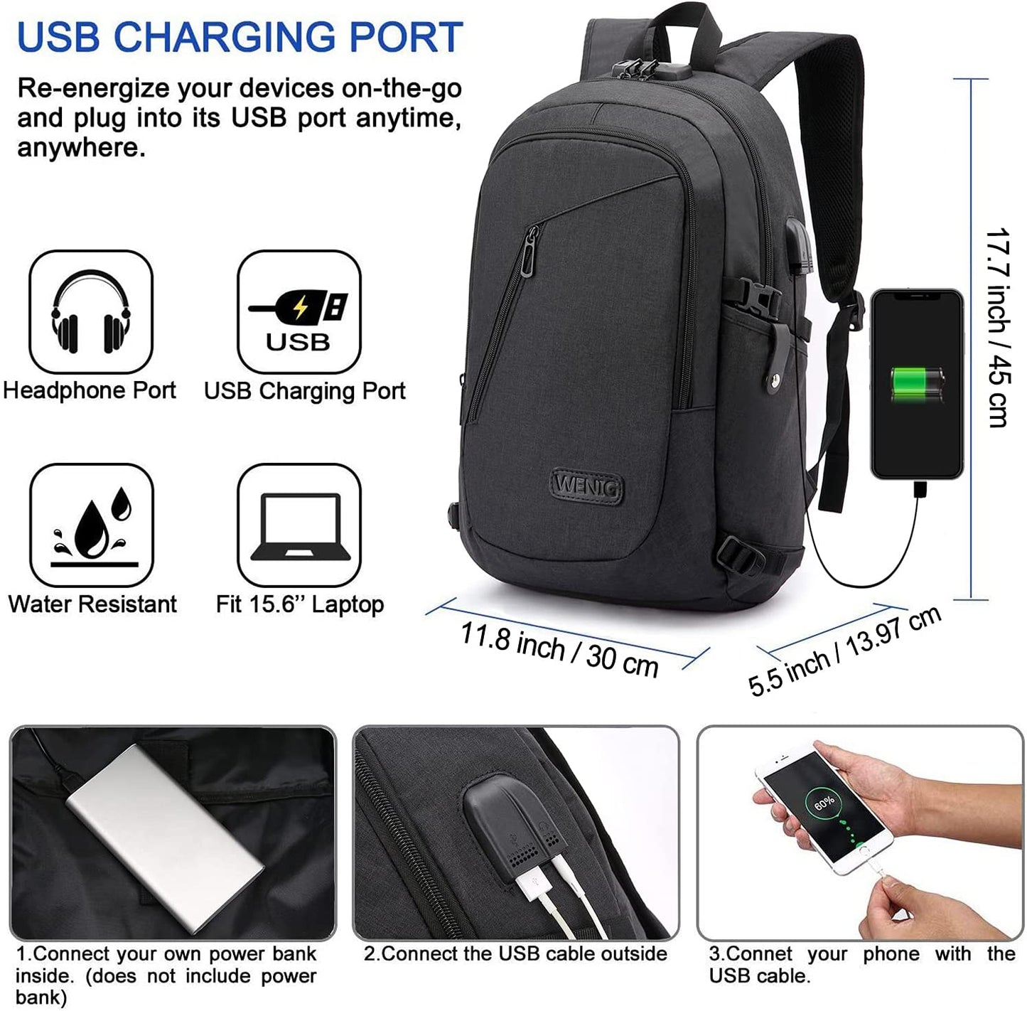 Anti-Theft Laptop Backpack for Business Travel, Slim Design - USB Charging Port, Durable Water-Resistant Bag for 15.6 Inch Laptops, Black