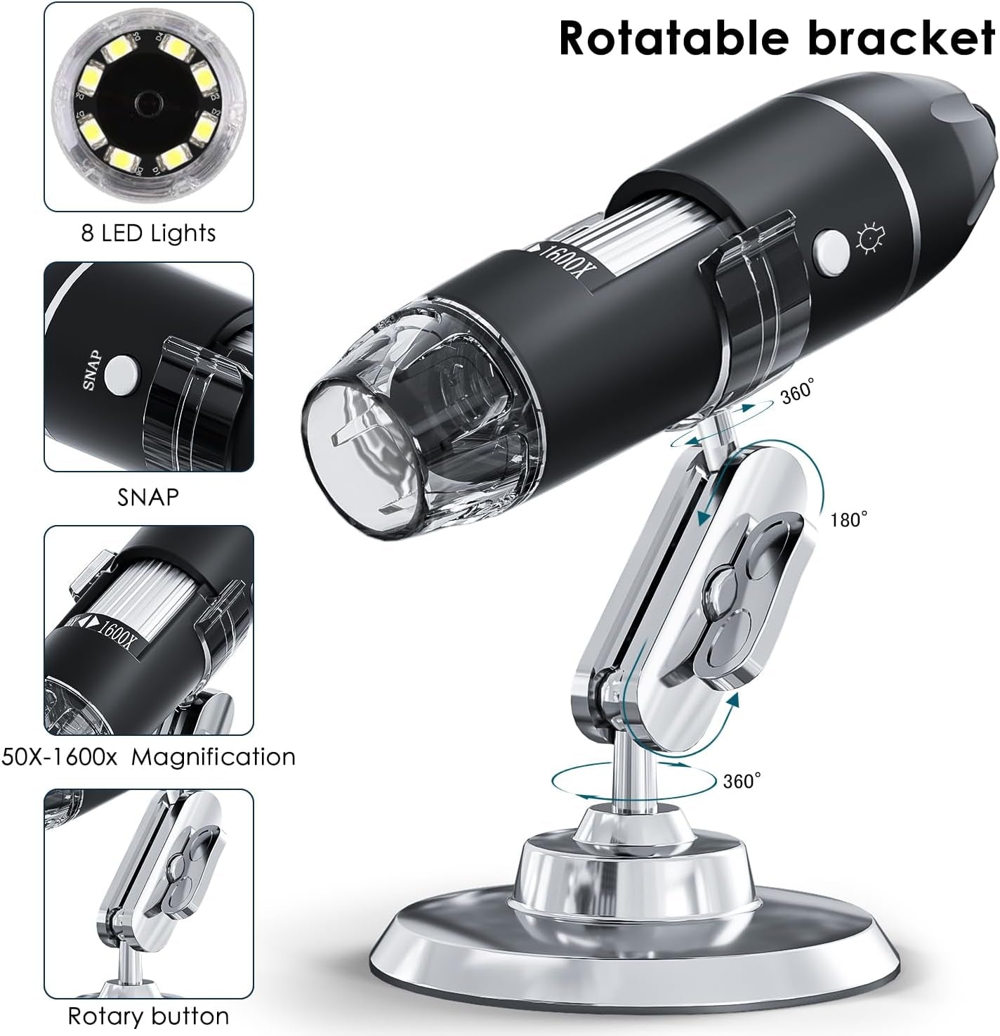USB Digital Microscope Camera - Handheld HD Inspection Device - 50X-1600X Magnification, Adjustable Stand, 8 LED Lights, for iOS & Android (Black)