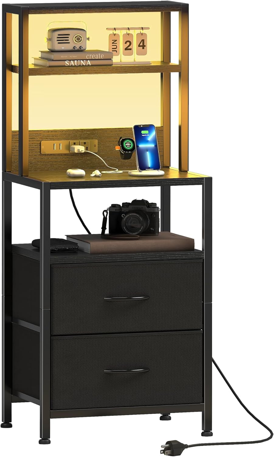 39" Tall LED Nightstand with Charging Station, Storage Drawer, and USB Ports - Black Bedroom Bedside Table