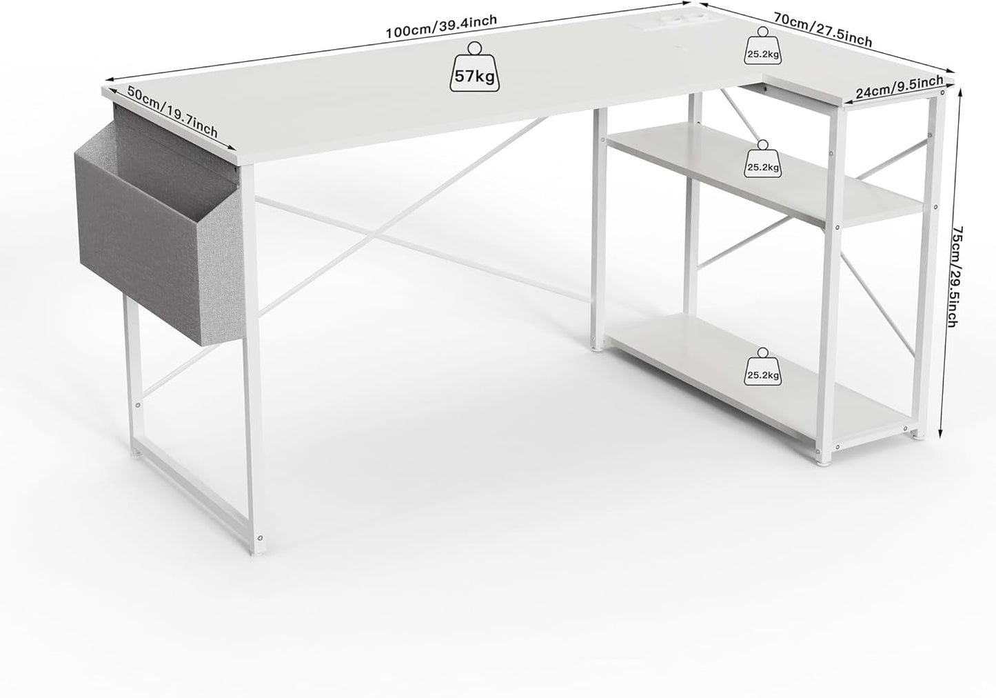 L-Shaped Computer Desk with Power Outlets, 40-Inch Reversible Shelves - Gaming and Home Office Use in Small Spaces, White