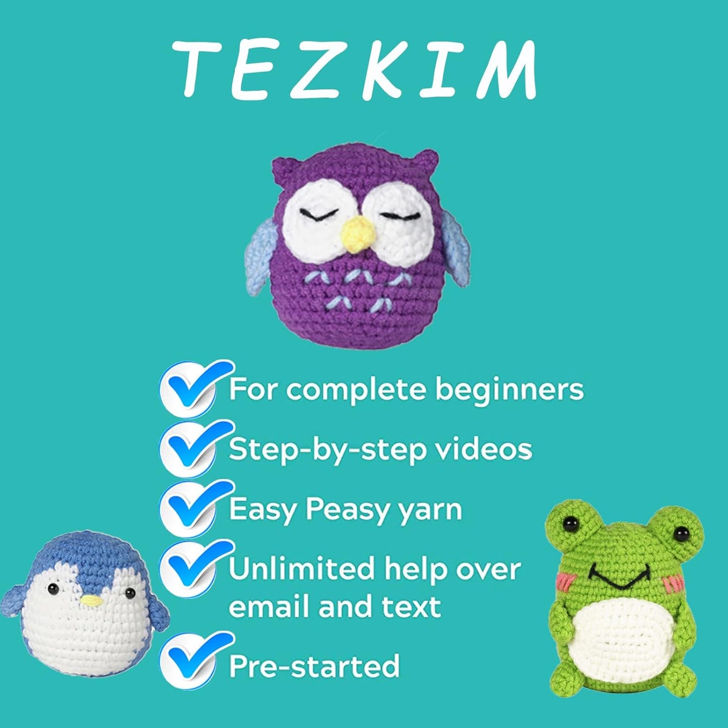 Beginner Crochet Animal Kit - 3-Piece Set with Step-by-Step Instructions and Video Tutorials for Kids and Adults