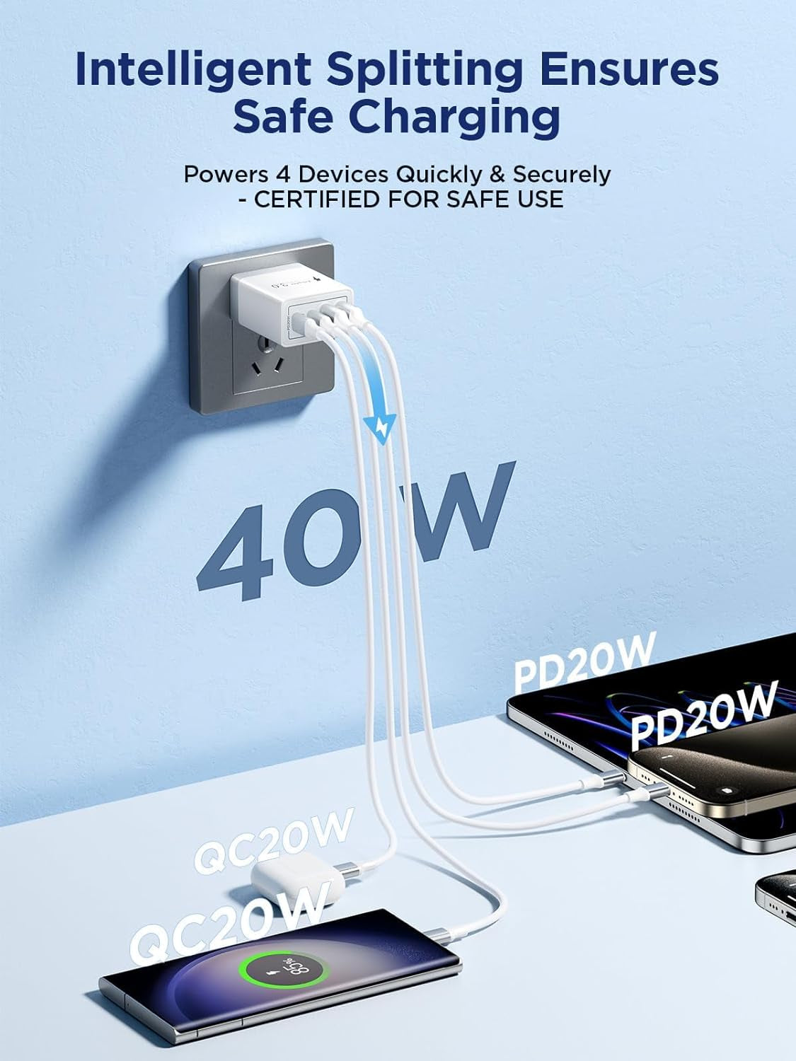 40W Dual USB-C Wall Charger - Fast Charging Power Adapter with PD and QC for iPhone and Android Devices