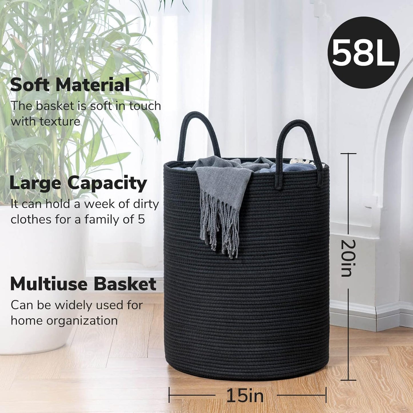 Large Woven Laundry Basket - Tall Rope Hamper for Clothes, Toys, Towels, and Blankets - Black, 15 x 20 Inches