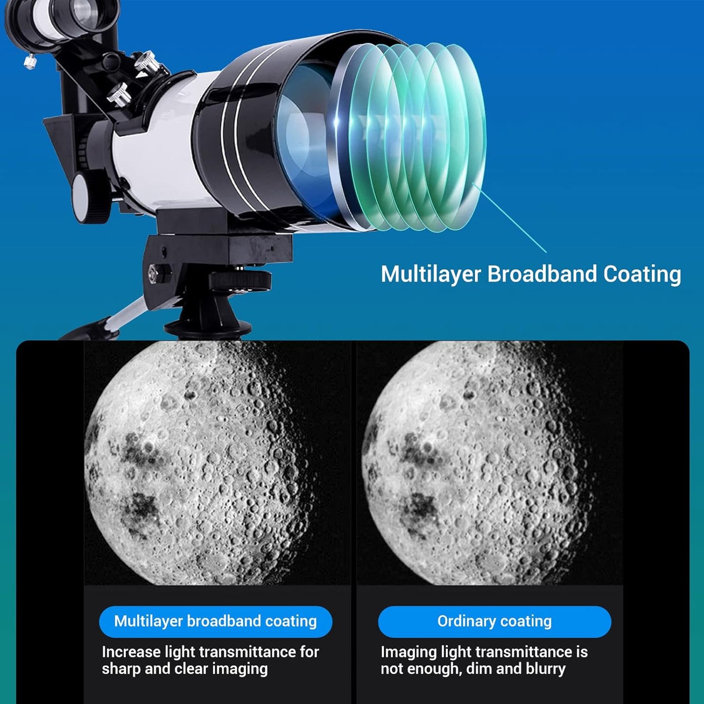 High Definition Refractor Telescope for Beginners and Children, 70mm Aperture with 300mm Focal Length