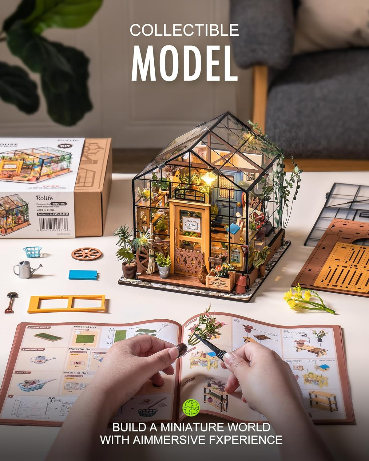 DIY Miniatures Dollhouse Kit, Miniature Greenhouse DIY Craft Kits for Adult to Build Tiny House Model with Lights and Removable Model Plants, Birthday Gift for Friends (Casey'S Greenhouse)