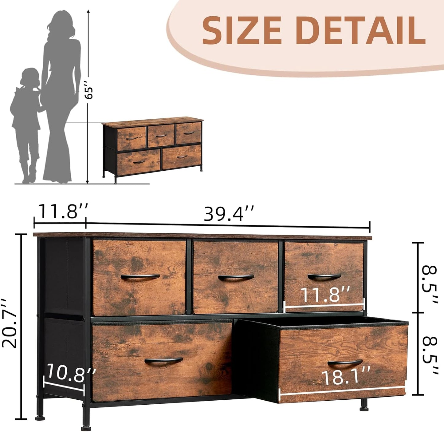 5-Drawer Dresser with Fabric Bins - Versatile Storage Organizer - Wood Grain Finish