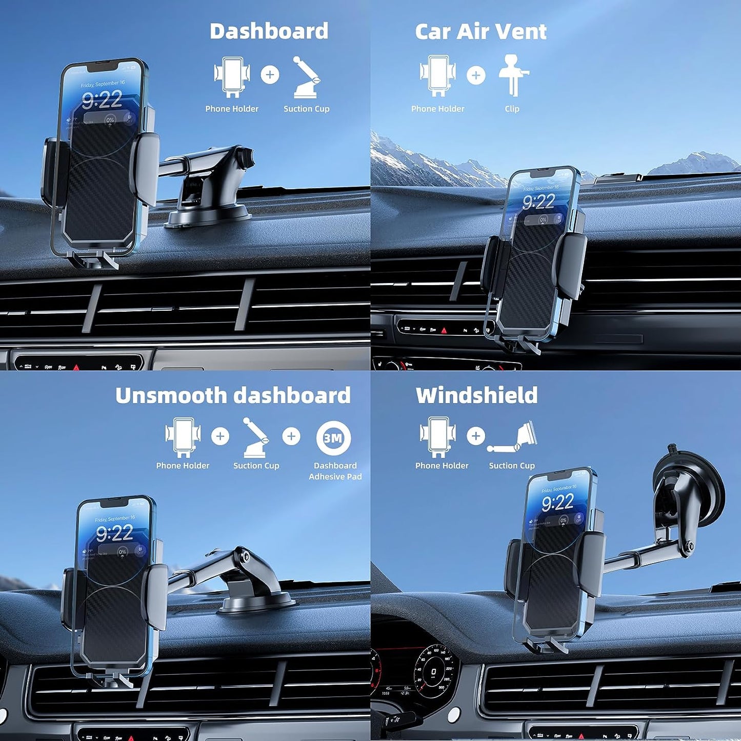 3-in-1 Universal Car Phone Holder with Off-Road Level Suction Cup and Clip - Dashboard, Windshield, and Vent Mount