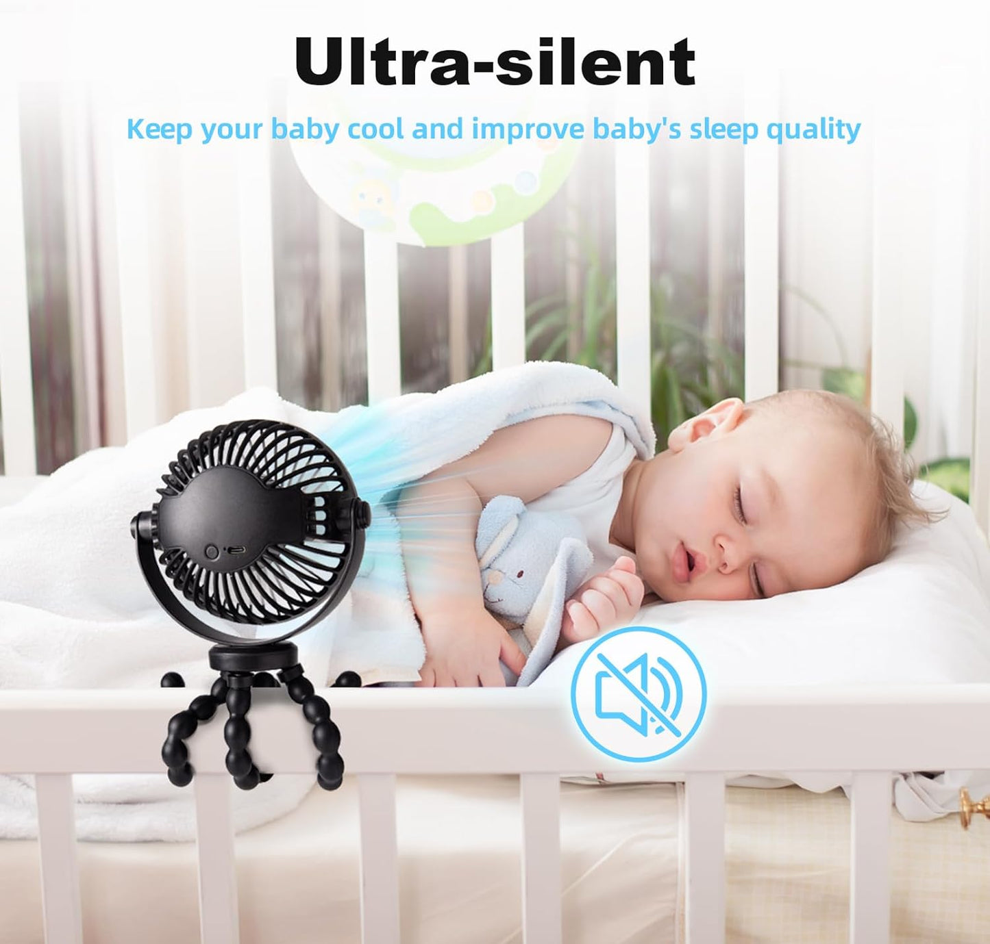 Portable Baby Stroller Fan with 20-Hour Runtime, 4000mAh Battery, Flexible Tripod Design - Ideal for Travel,