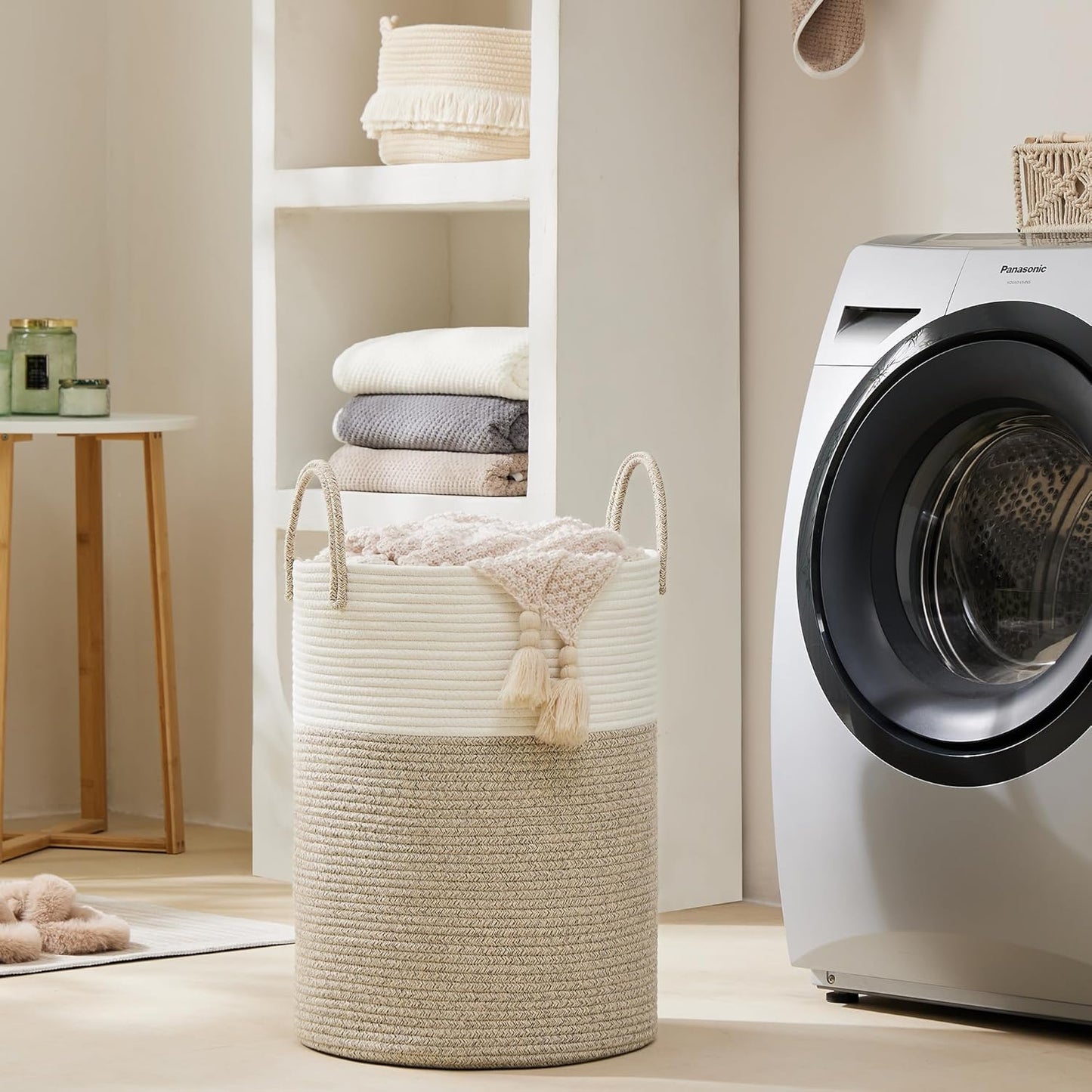 Cotton Rope Laundry Hamper by , 58L - Woven Collapsible Laundry Basket - Clothes Storage Basket for Blankets, Laundry Room Organizing, Bedroom Storage, Clothes Hamper – Brown
