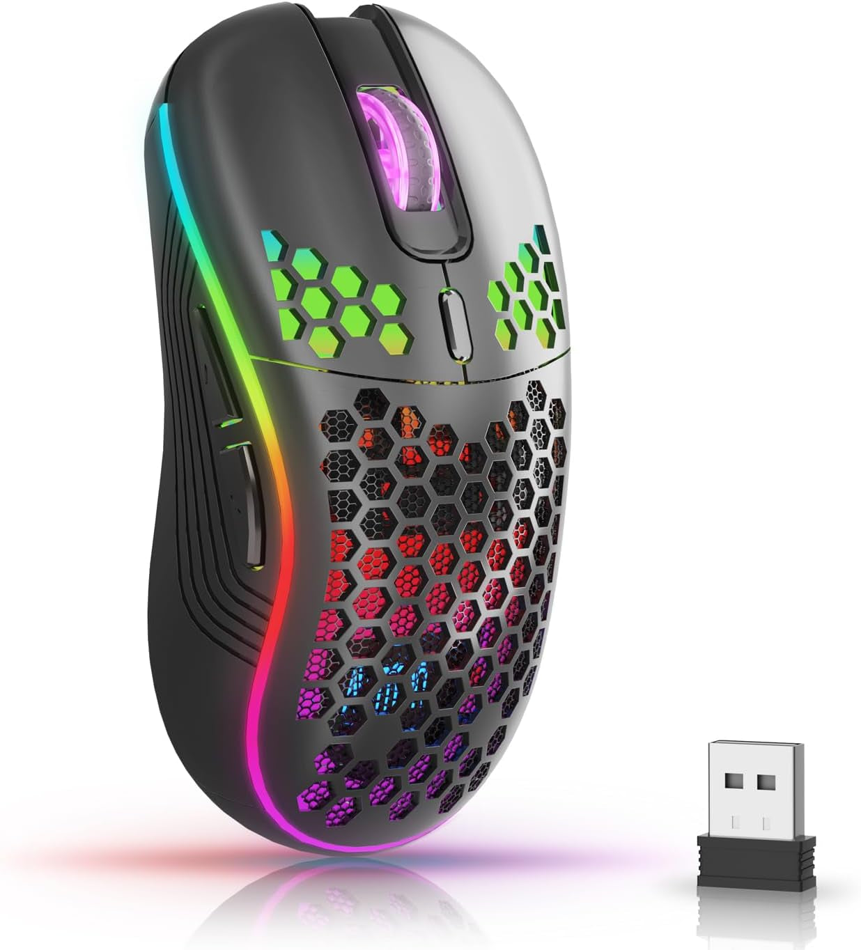 Wireless Ergonomic Gaming Mouse - Honeycomb Design, Rechargeable RGB Backlight, 2.4GHz USB Cordless Connectivity