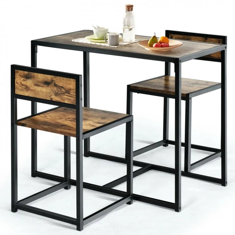 Compact 3-Piece Dining Set with Metal Frame: Table and 2 Chairs for Small Spaces
