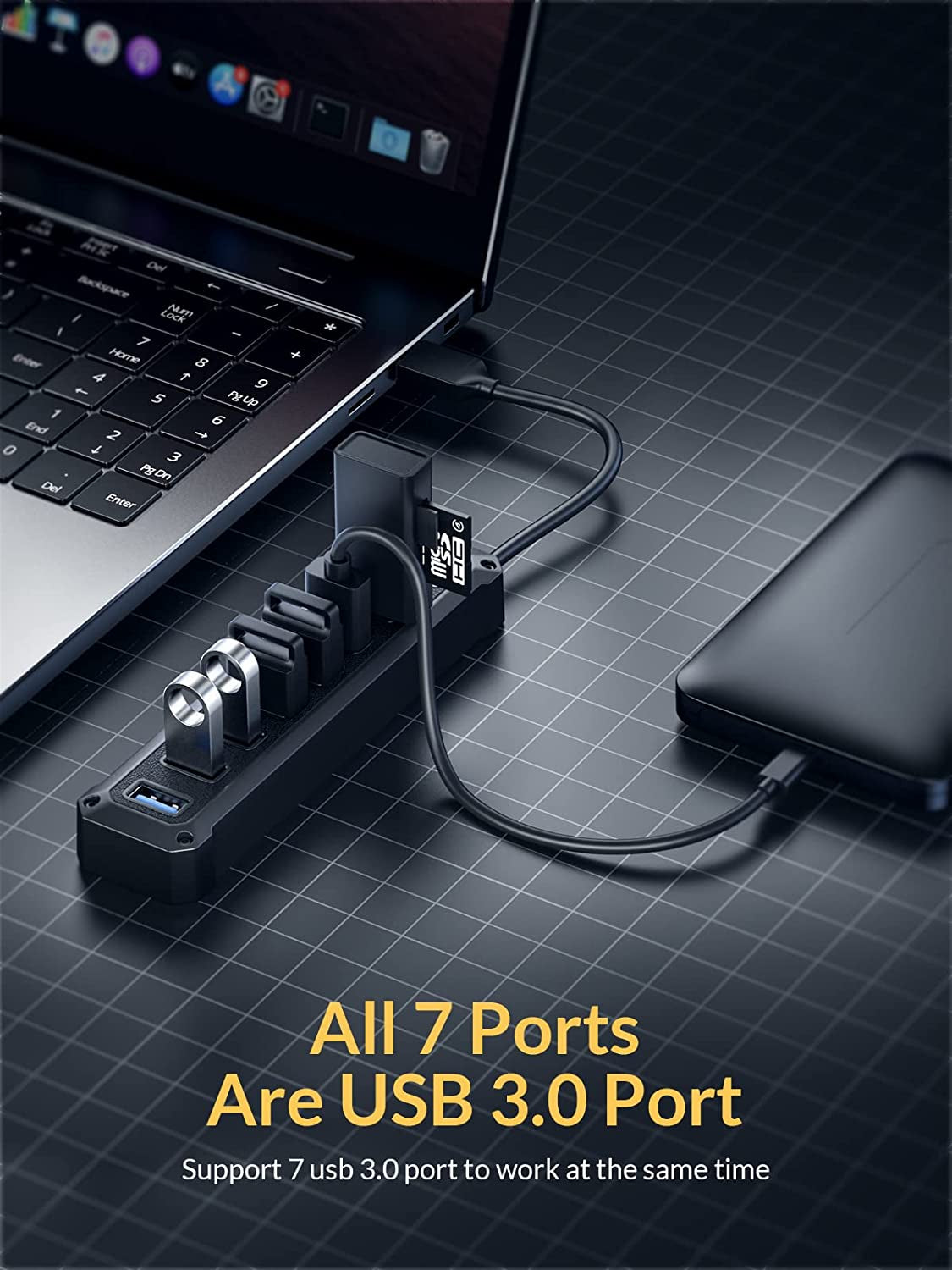 7-Port USB 3.0 Hub - High-Speed 5Gbps Data Adapter for Laptops, PCs, Printers, and More