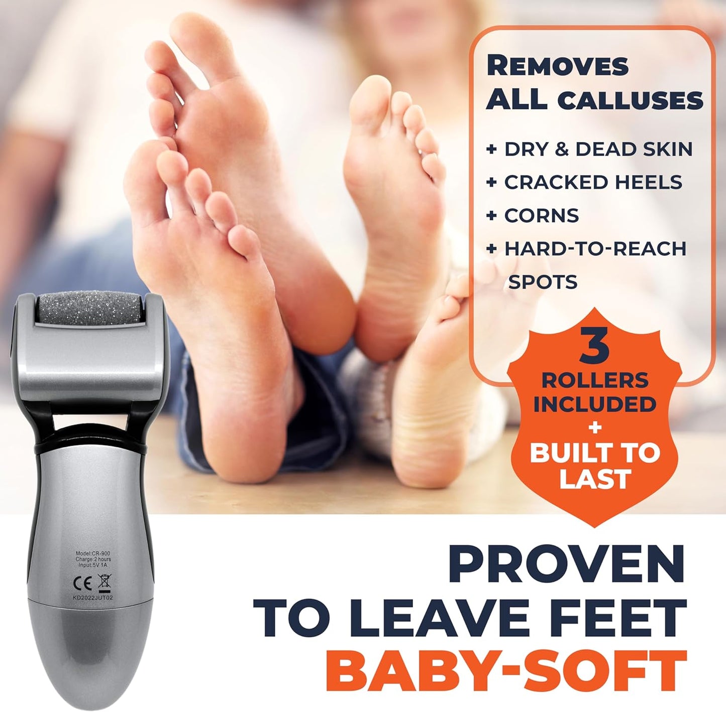 Electric Rechargeable Callus Remover for Men and Women with 3 Powerful Rollers - Professional Spa Quality Micro Pedi Foot Care Tool for Cracked Skin