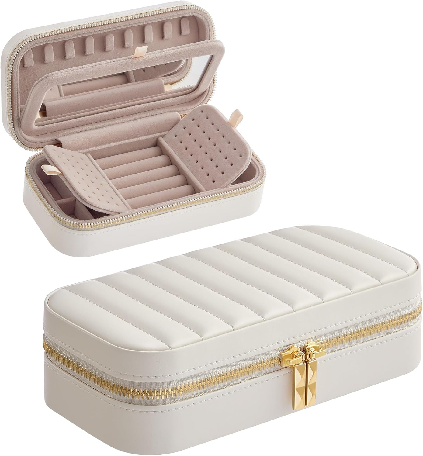 Travel Jewelry Box - Compact Jewelry Organizer with Mirror, PU Leather with Stitching, Portable Design, Zipper Closure