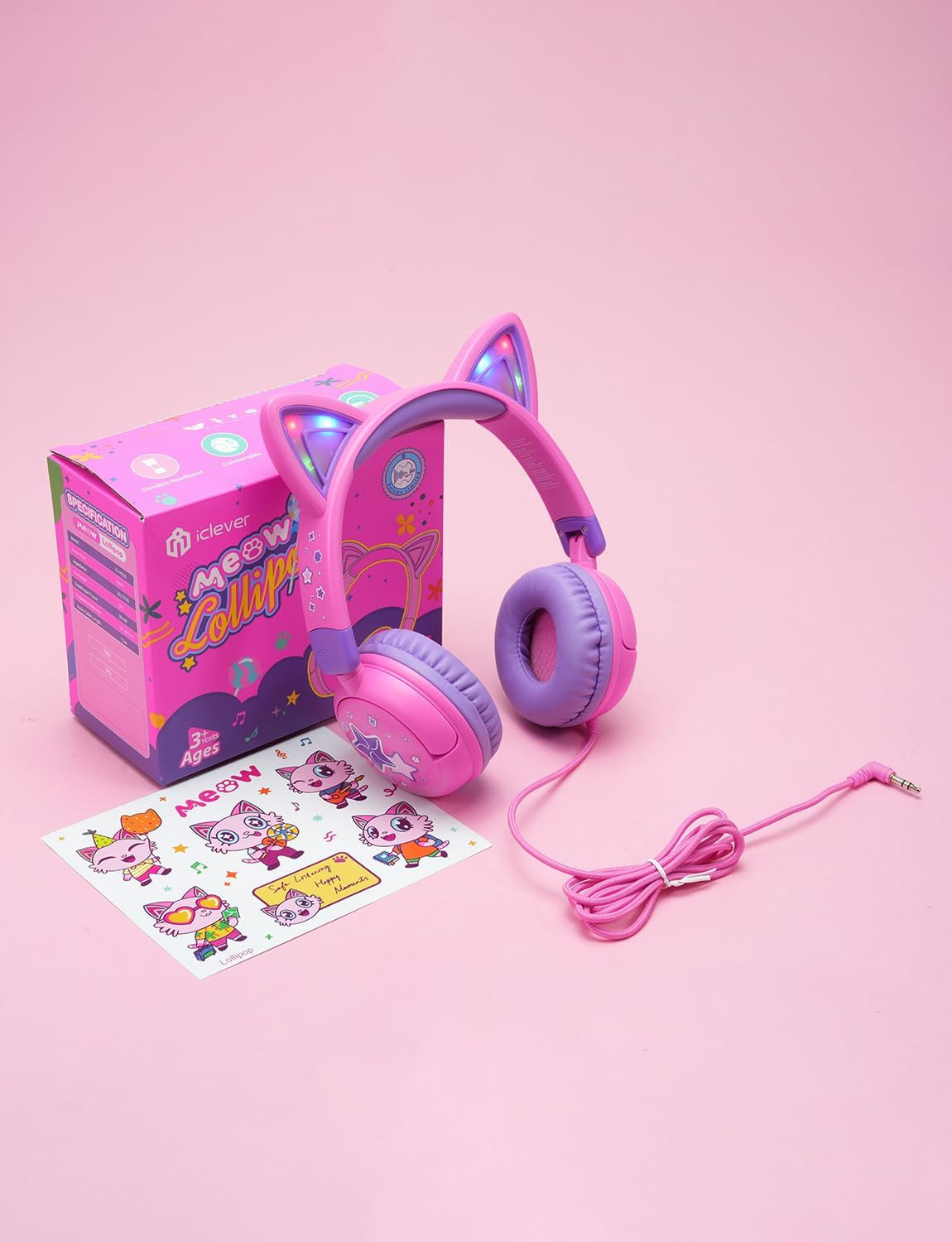 Children's Cat Ear Headphones with LED Lights, 85dBA Volume Limiting, Stereo Sound, Foldable Wired Design for Travel and School, Compatible with iPads and Tablets, Meow Lollipop - Hot Pink