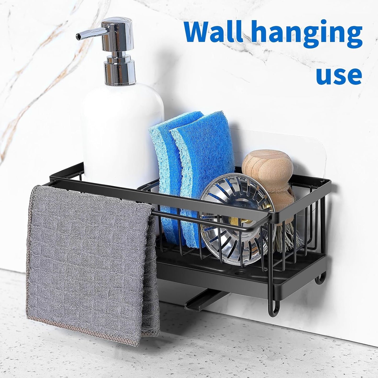 Kitchen Sink Organizer Sponge Holder with Dishrag and Dishcloth Rack, Rustproof 304 Stainless Steel with Auto Draining Tray