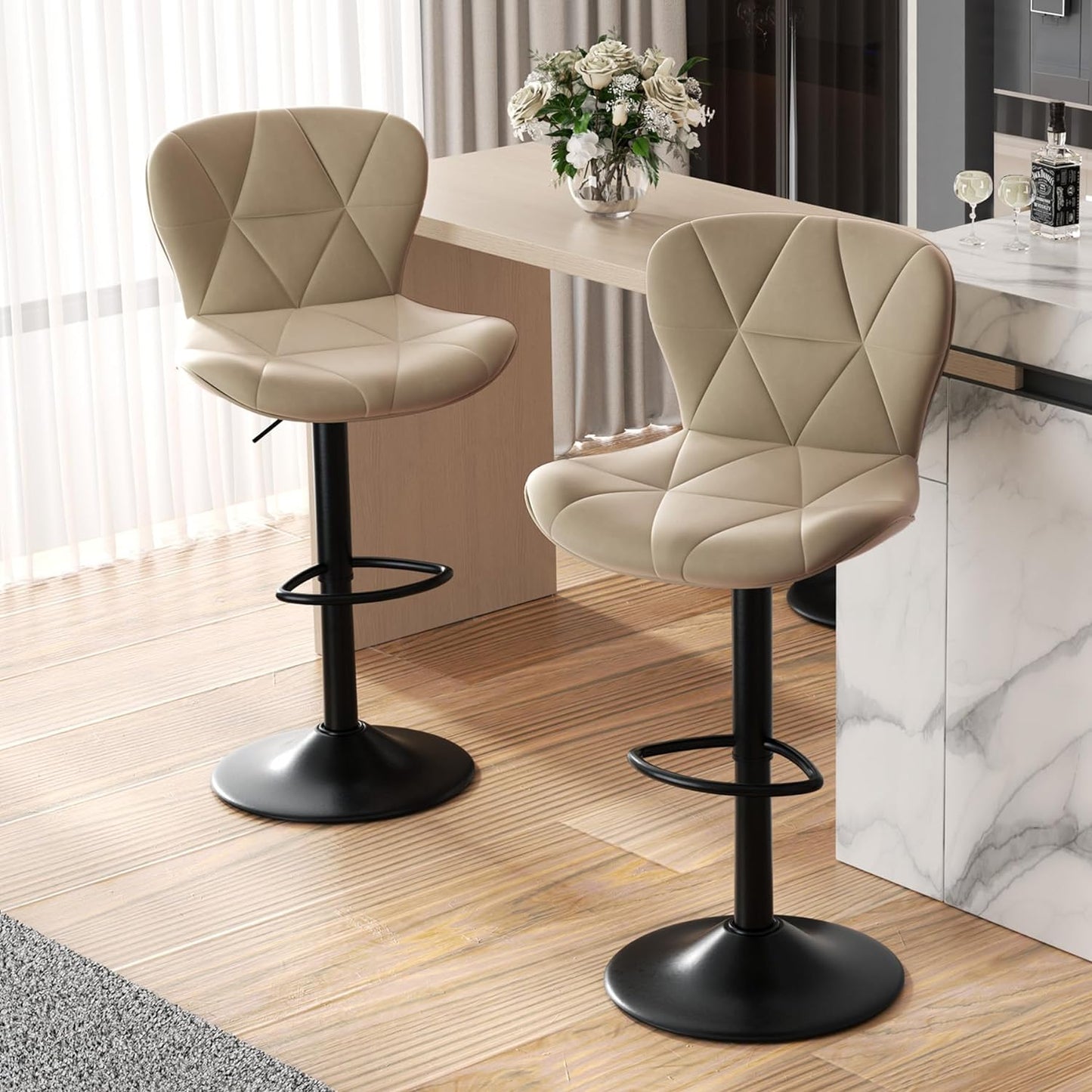 Set of 2 Adjustable Faux Leather Upholstered Swivel Bar Stools with Back for Kitchen Island, Counter Height, Black