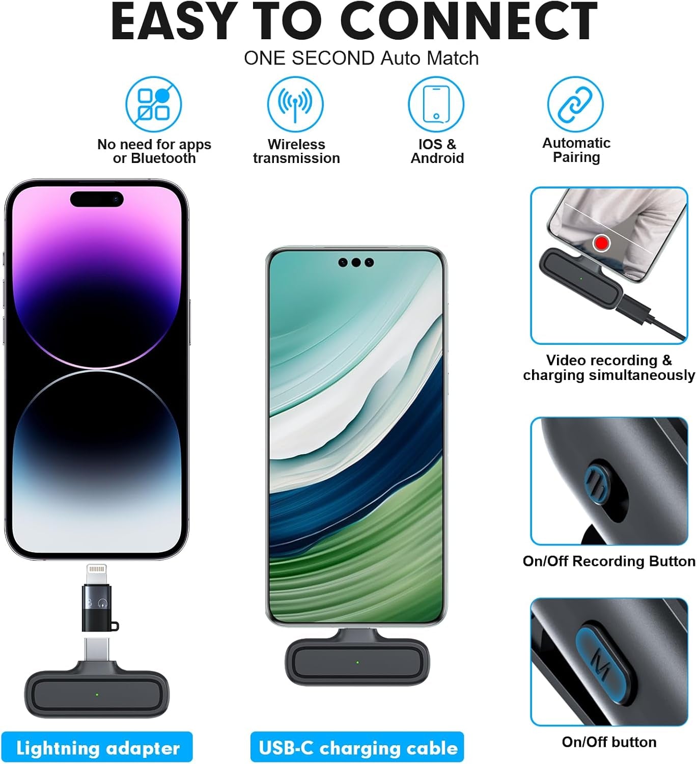 Dual Wireless Lavalier Microphone Set for Phone, iPad, Android - Charging Case, Jack Adapter, Noise Reduction, Plug-and-Play Clip-On Lapel Mic, YouTube, Recording, Vlogging, Facebook
