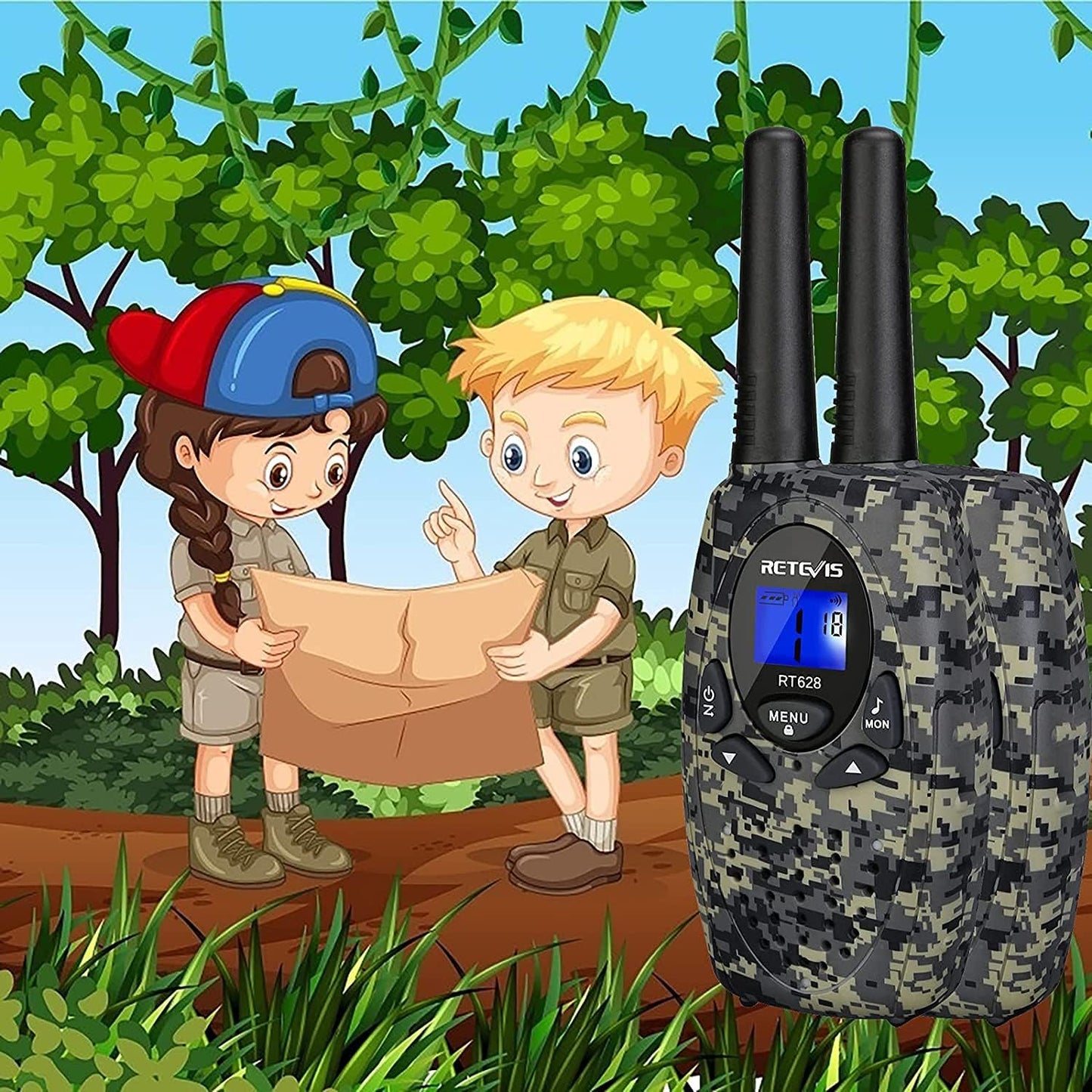 RT628 Walkie Talkies for Kids, Long Range 2-Way Radio- 22 Channels and Backlit LCD, Outdoor Adventures, Camping (Camo, 1 Pair)