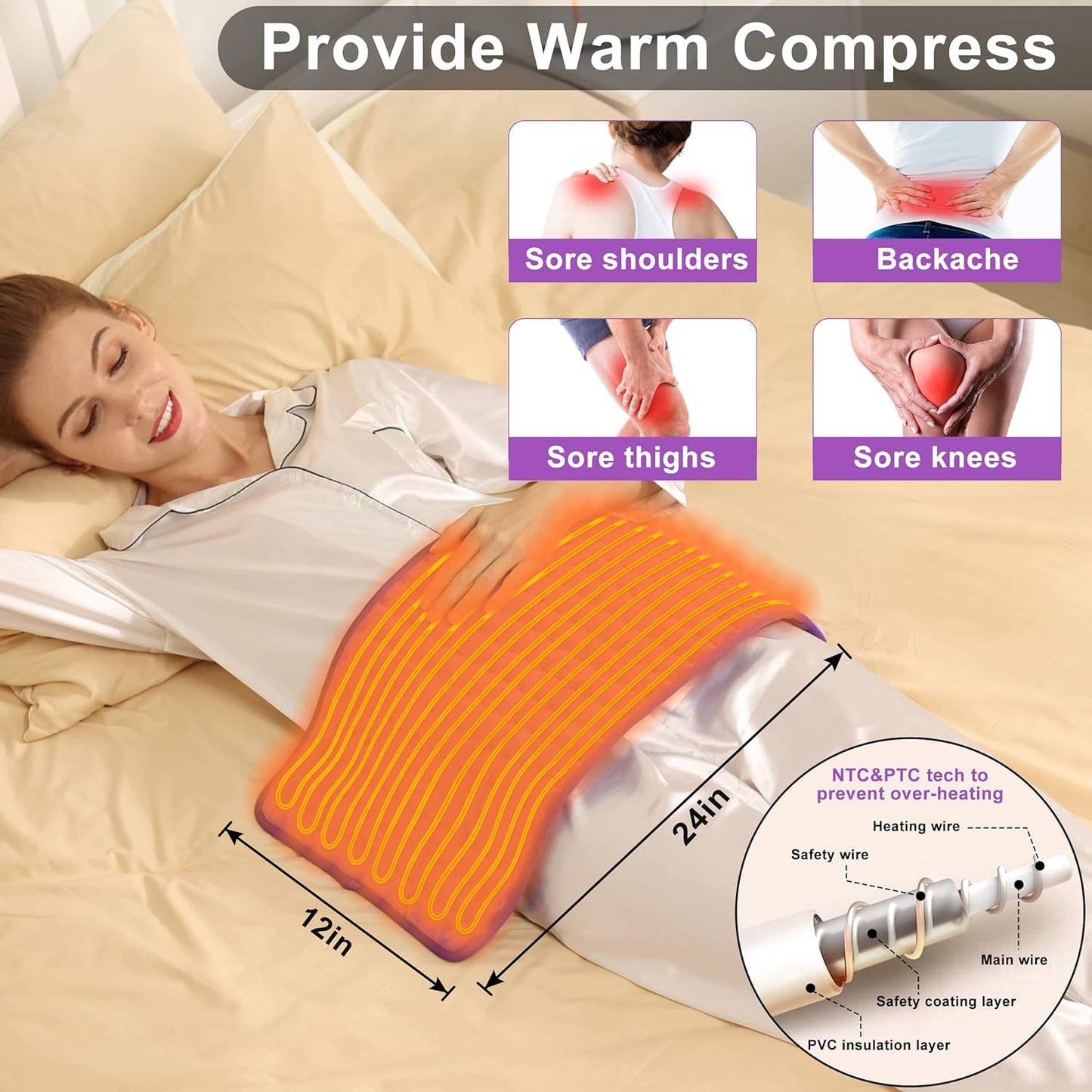 Electric Heating Pad with Moist and Dry Heat Options, Adjustable Temperature and Timer Settings