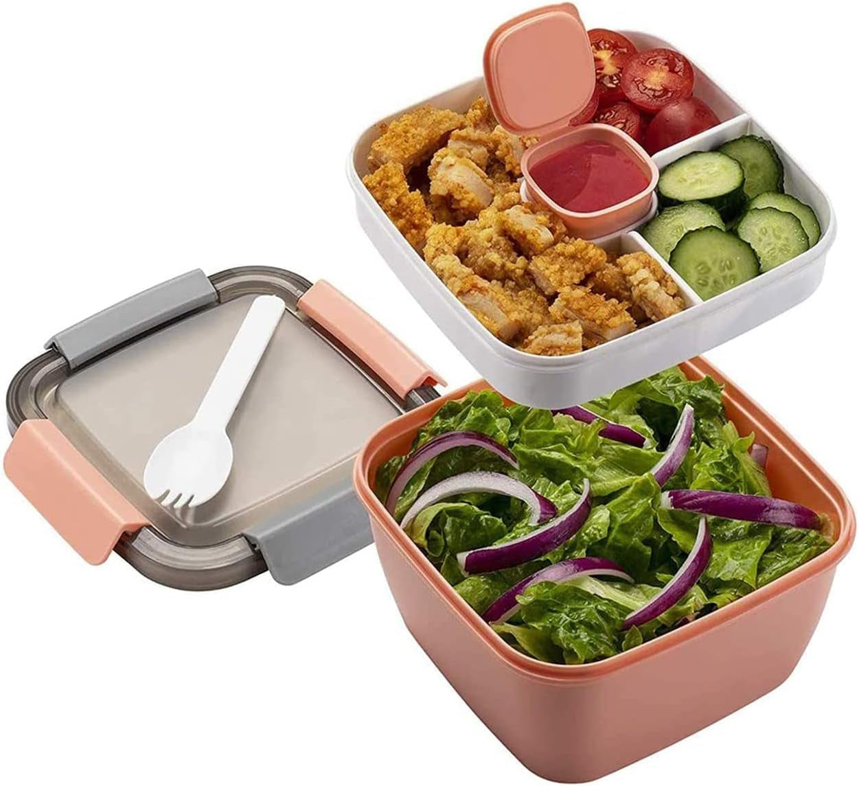 52Oz BPA-Free Salad Lunch Container with Dressing Compartment and 3 Compartments (Pink)