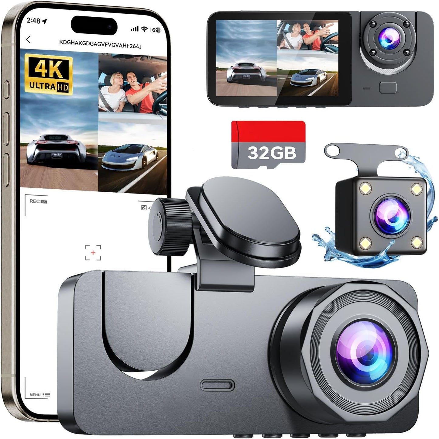 4K Full HD 3-Channel Dash Camera - Front and Rear View, Includes Free 32GB Card, Night Vision, G-Sensor, 24-Hr Park Mode, 170° Wide Angle, and Loop Recording