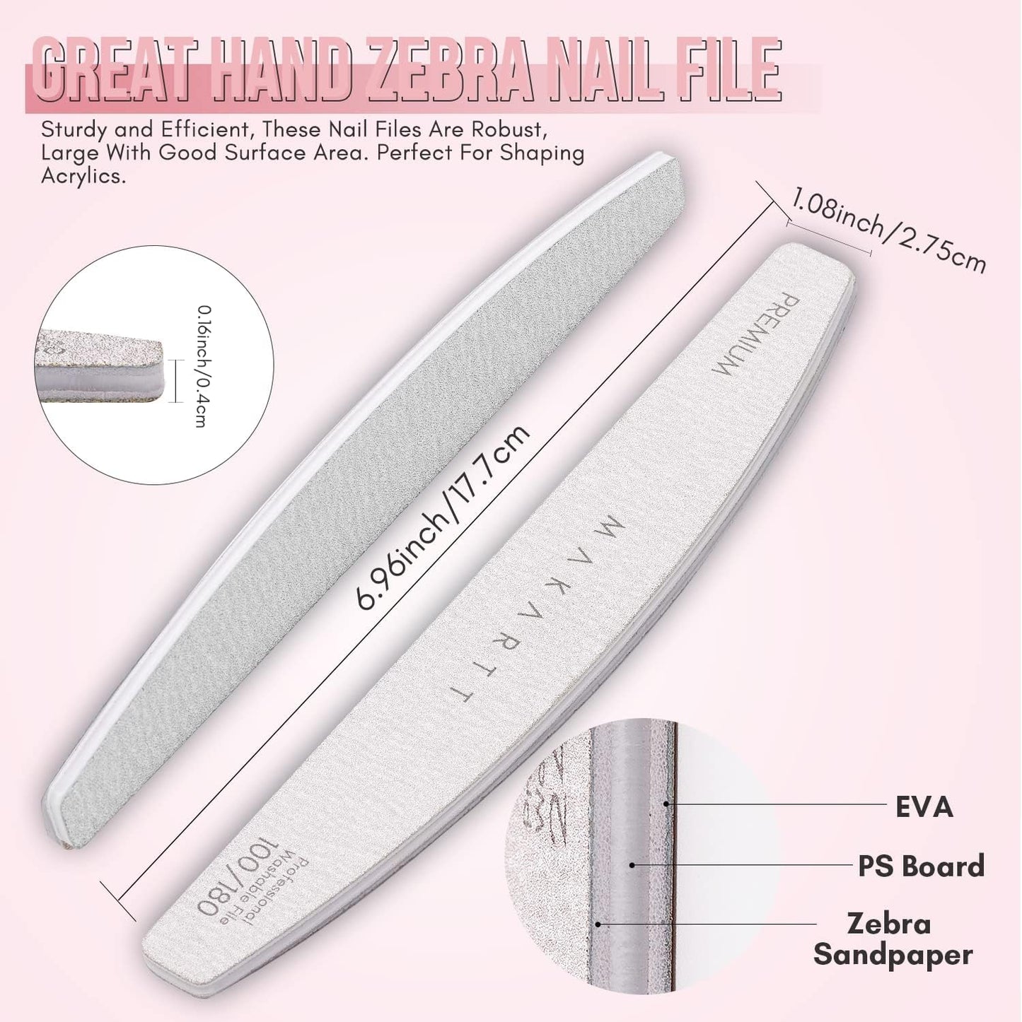 Zebra Nail Files - 100/100 Grit Emery Boards for Poly Nail Extension Gel and Acrylic Nails, Double-Sided and Washable, Set of 10 Manicure Tools
