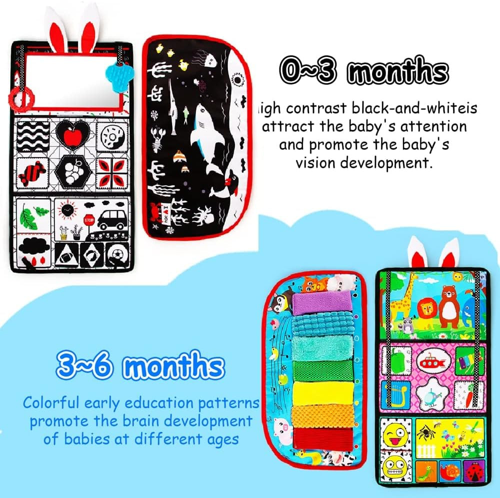 Tummy Time Mirror Toy Activity Circle Mat - High Contrast Black - White Developmental Play Set, Infants 0-6 Months, Sensory Textures, Squeaker Piano