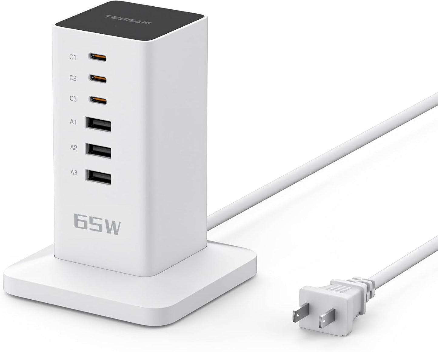 65W Multi-Device Charging Station: 6-Port GaN USB-C Charger with 3 Outlets for Phones, Tablets, and Travel Accessories