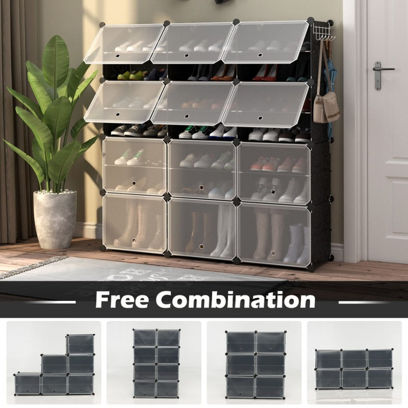 12-Cube Portable Shoe Organizer with Hooks for 48 Pairs