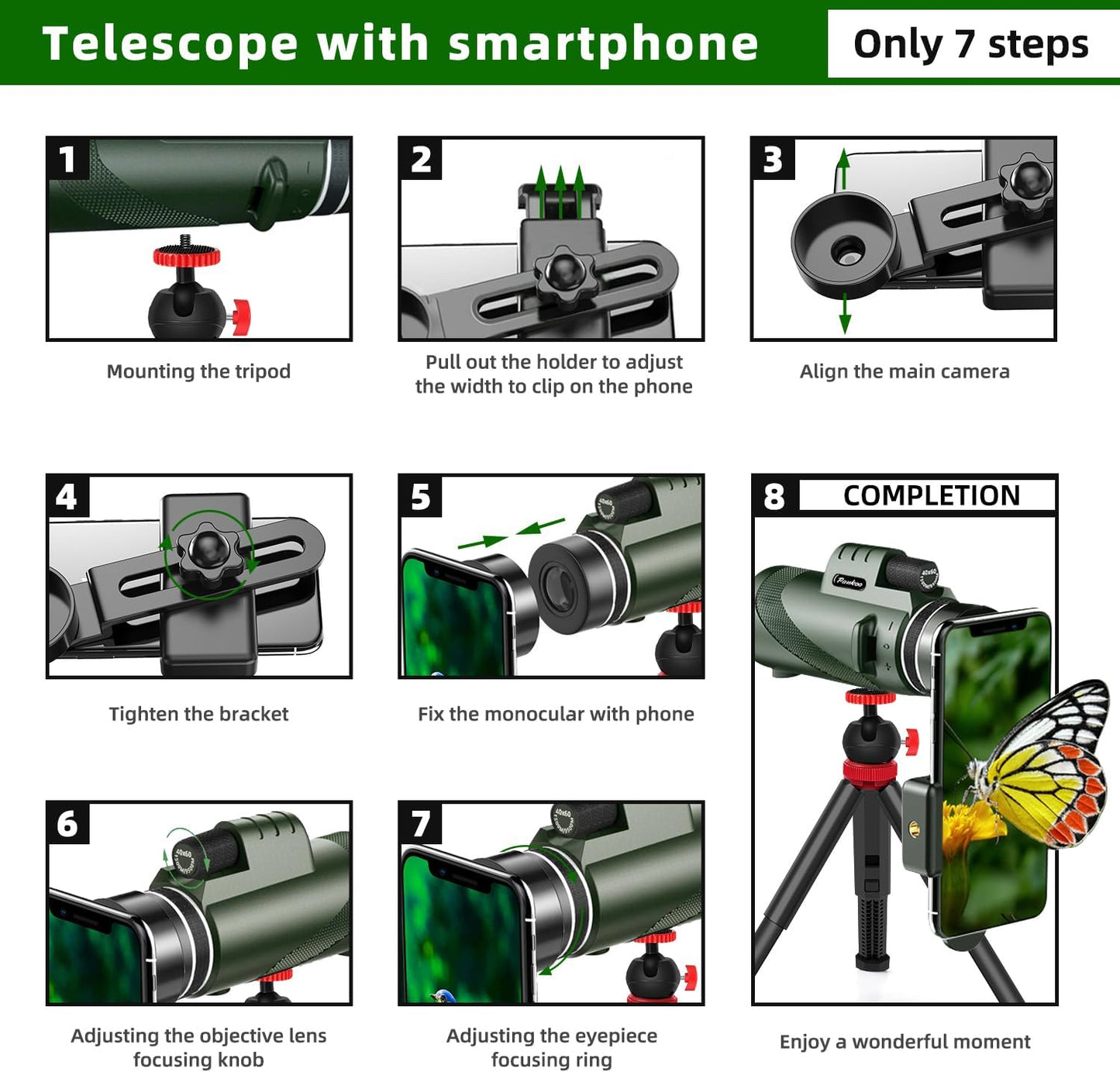 40x60 High-Power Monocular Telescope for Adults with Phone Adapter, Tripod, and Hand Strap - Low Light Vision Monocular with BAK4 Prism