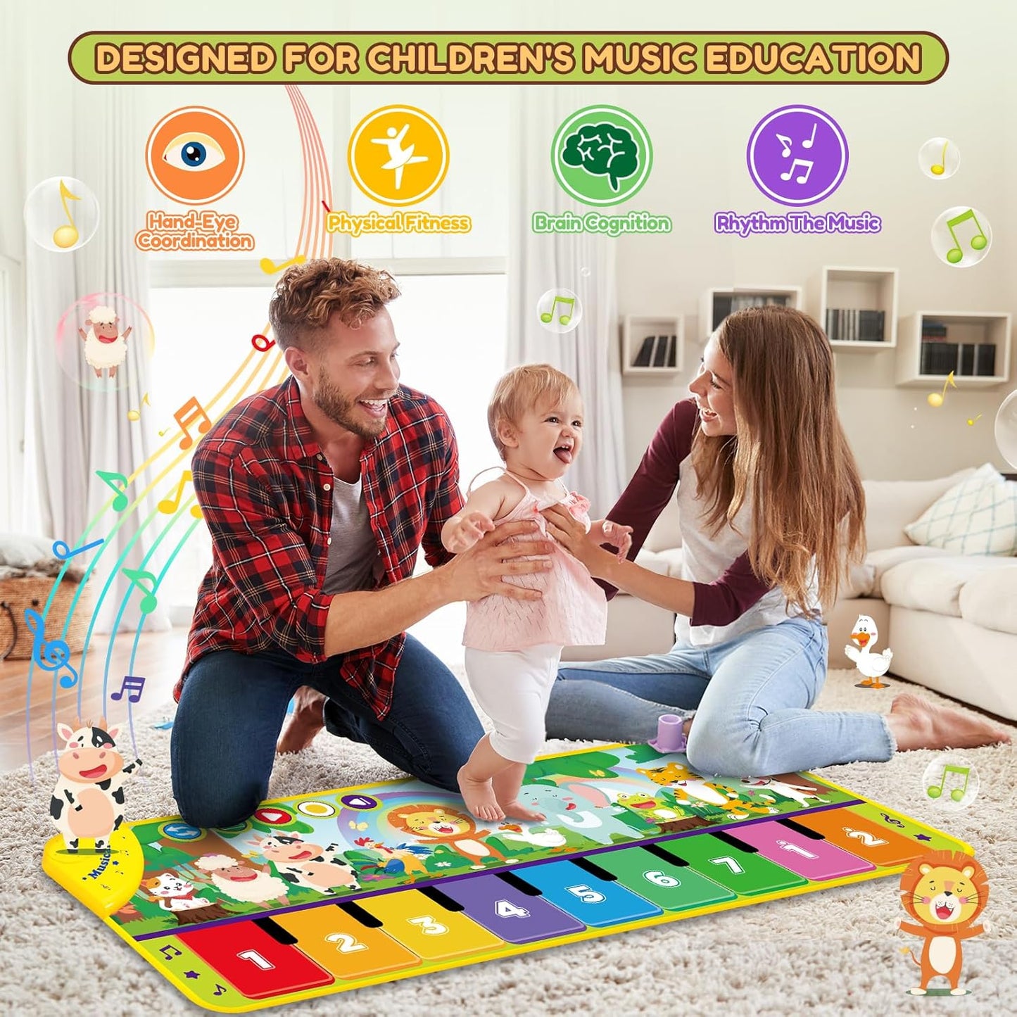 Piano Play Mat 45 x 18 Inch - Toddlers, Featuring 10 Animal Sounds - 9 Piano Notes, Educational Toy - Ages 1-3