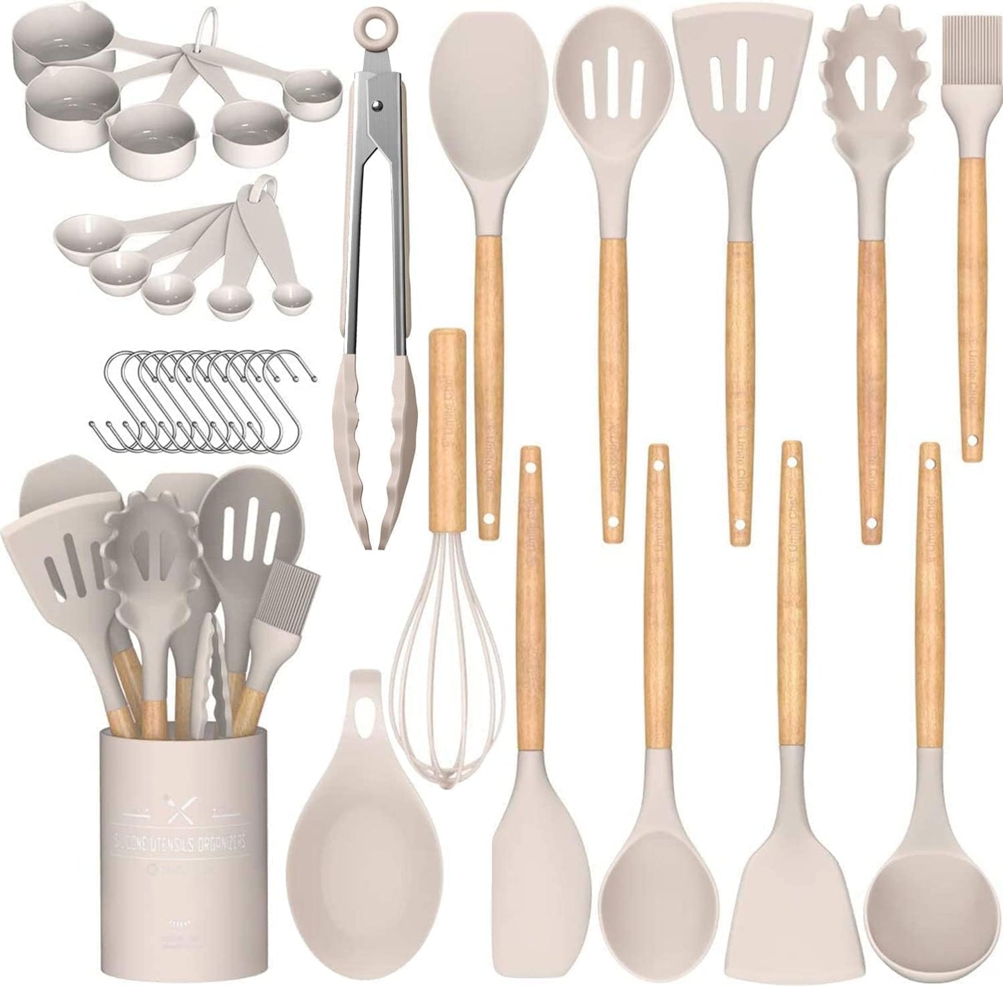 33-Piece Non-Stick Silicone Kitchen Utensils Set with Wooden Handles and Holder (Khaki)
