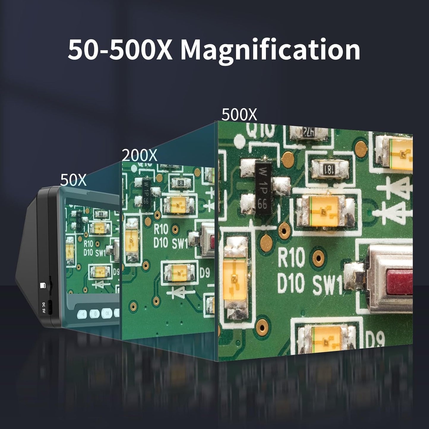 Digital Microscope for Adults and Kids - 500X Magnification, 1080P Resolution, 8 LED Lights, Rechargeable, for macOS & Windows