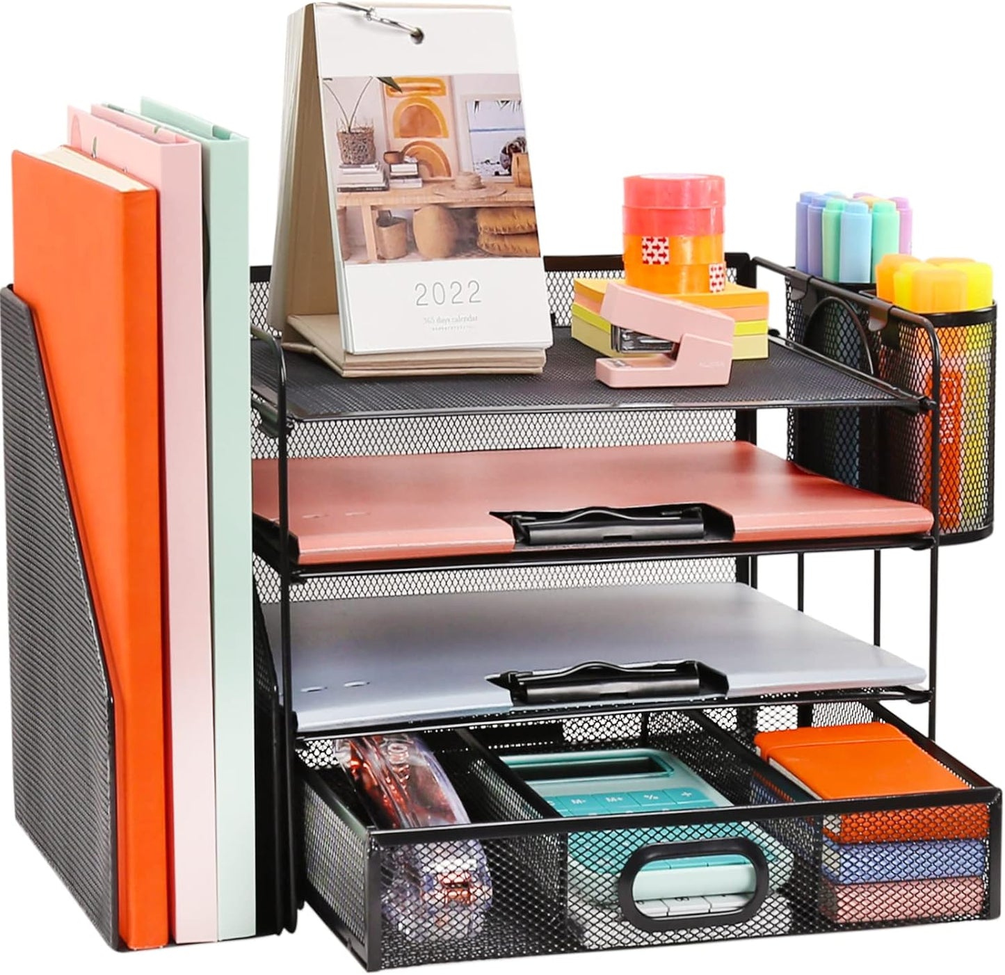 4-Tier Mesh Desk Organizer with File Holder, Drawer, and Pen Holders for Office Supplies