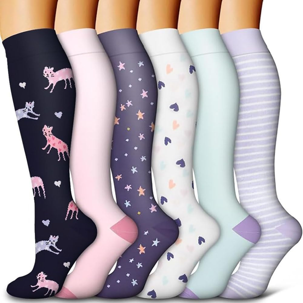 6 Pairs of Compression Socks for Men and Women - Optimal Support for Athletes and Travel Nurses (20-30 mmHg)