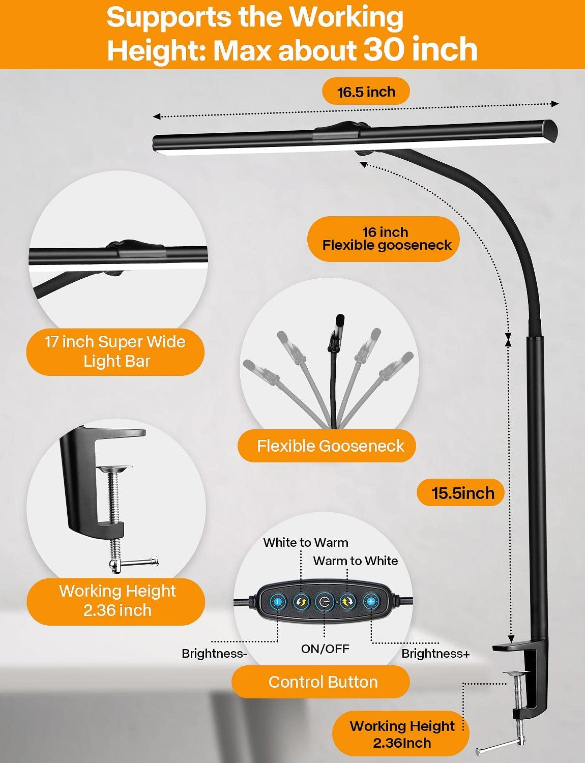 Adjustable LED Desk Lamp with 25 Lighting Modes - Eye-Caring Architect Task Lamp with Flexible Gooseneck Clamp (Black)