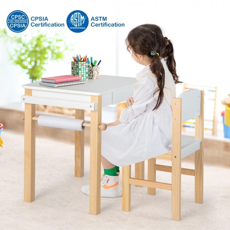 Children's Art Table and Chair Set with Storage Drawer, Paper Roll, and Two Markers