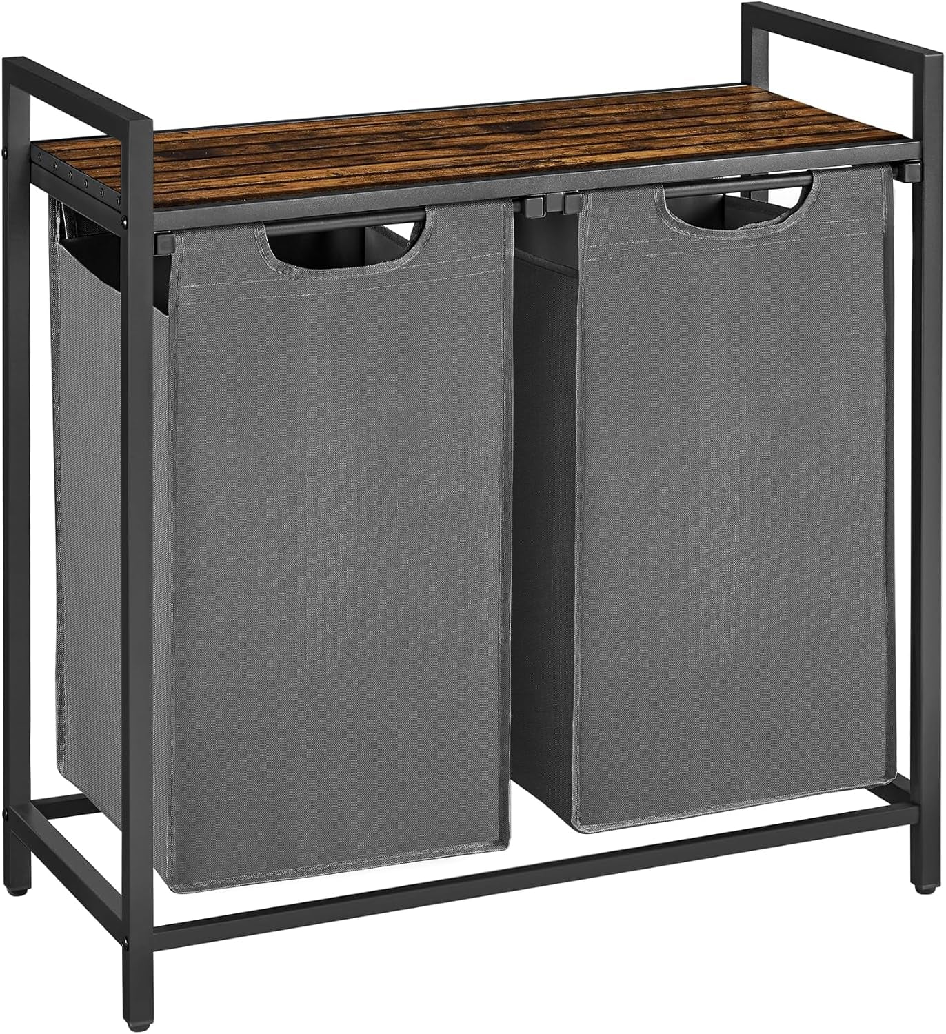 Rustic Brown and Black Laundry Hamper with Metal Frame, Dual Pull-Out Removable Bags, and Shelf - (46L), 28.8 x 13 x 28.4 Inches