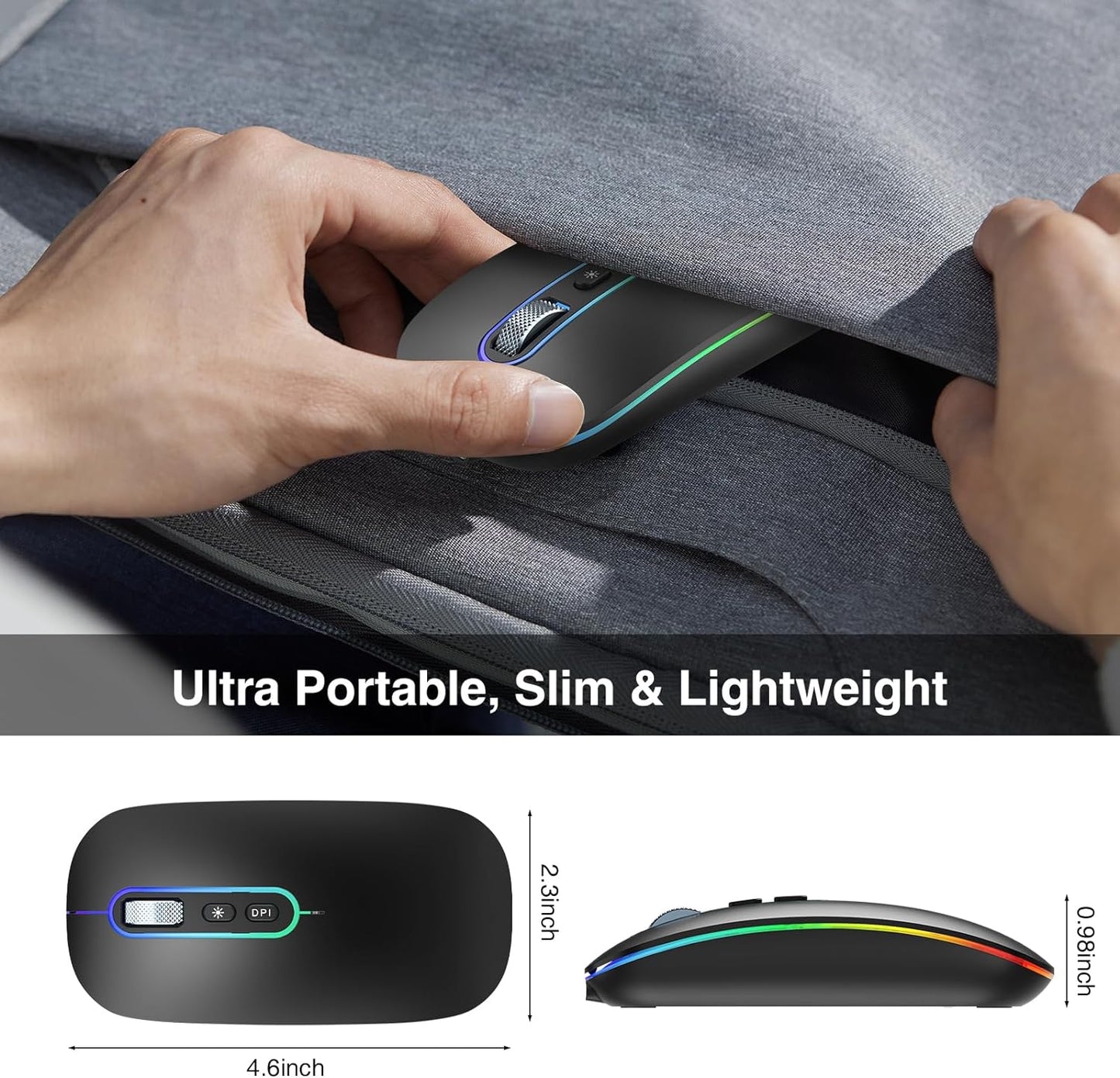 Slim Rechargeable Wireless Bluetooth Mouse with Dual Mode (BT 5.1 + 2.4G) - Portable Silent Cordless Mouse