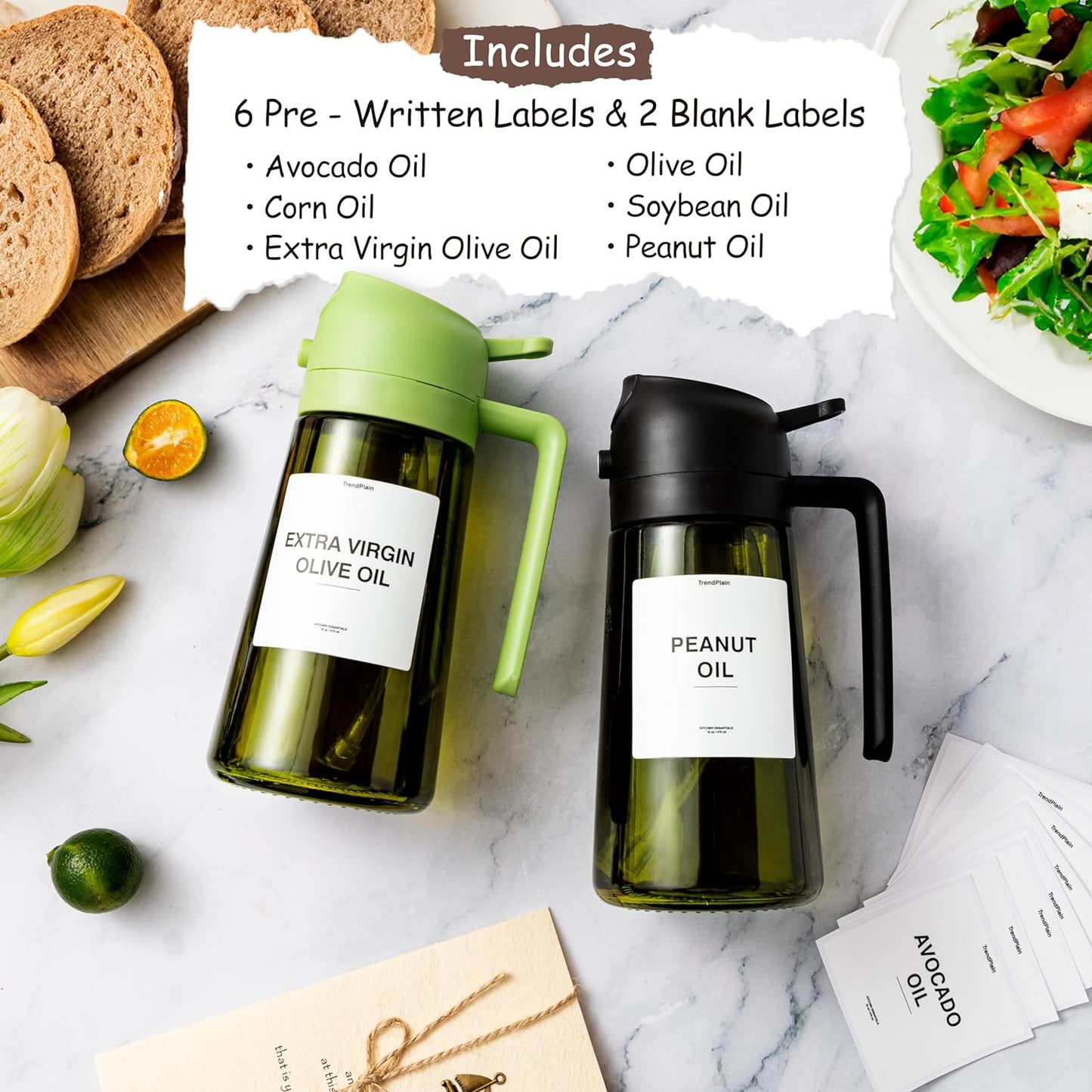16 oz Olive Oil Dispenser and Sprayer - Dual Function Kitchen Bottle with Labels - Black Olive Oil Sprayer for Cooking (Light Blockage)
