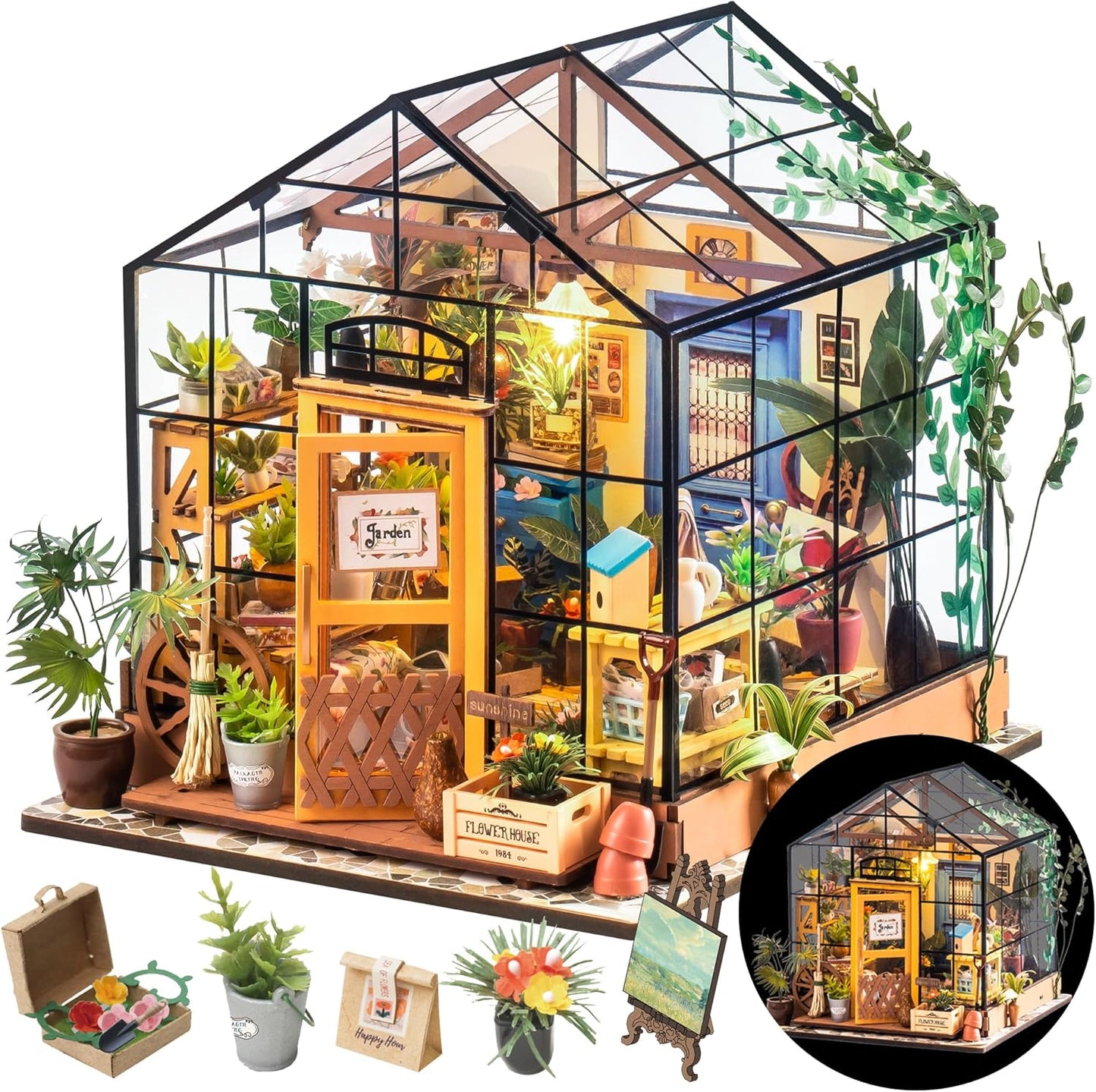 DIY Miniatures Dollhouse Kit, Miniature Greenhouse DIY Craft Kits for Adult to Build Tiny House Model with Lights and Removable Model Plants, Birthday Gift for Friends (Casey'S Greenhouse)