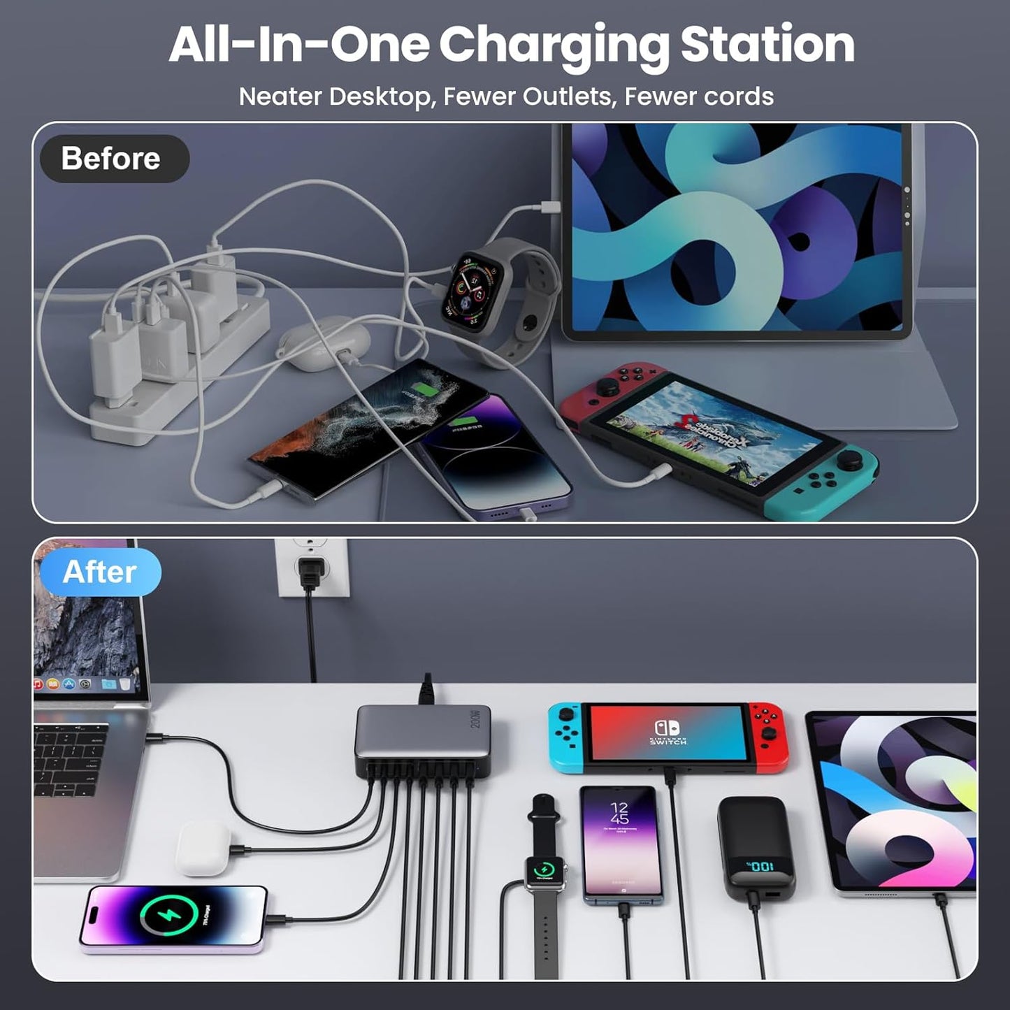 200W USB-C Fast Charging Station with 8 Ports, GaN III Technology, 65W Laptop Charger Adapter - Black